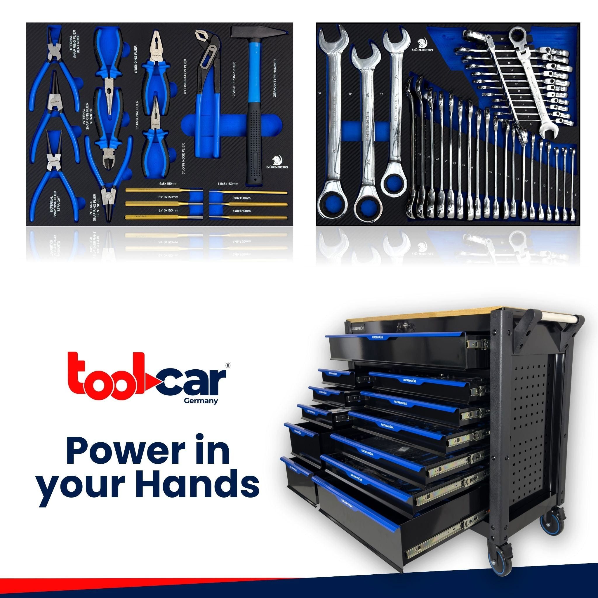 Toolcar Werkzeugwagen Werkstattwagen XXL, befüllt bestückt gefüllt mit Werkzeug, Holzplatte, abschließbar, kugelgelagerte Rollen, Chrom-Vanadium-Stahl, stabil, max. Traglast:35 kg, 457-tlg. Werkzeugset, (Umfangreich bestückt: Steck/Ratschen, Torx, Schraubendreher, Zangen, 457-tlg., Profi-Setup: Ratschen 1/4–1/2", lange Nüsse,T-Griffe, Schraubendreher), Extra-Stauraum seitlich, obere Schublade, ergonomischer Griff