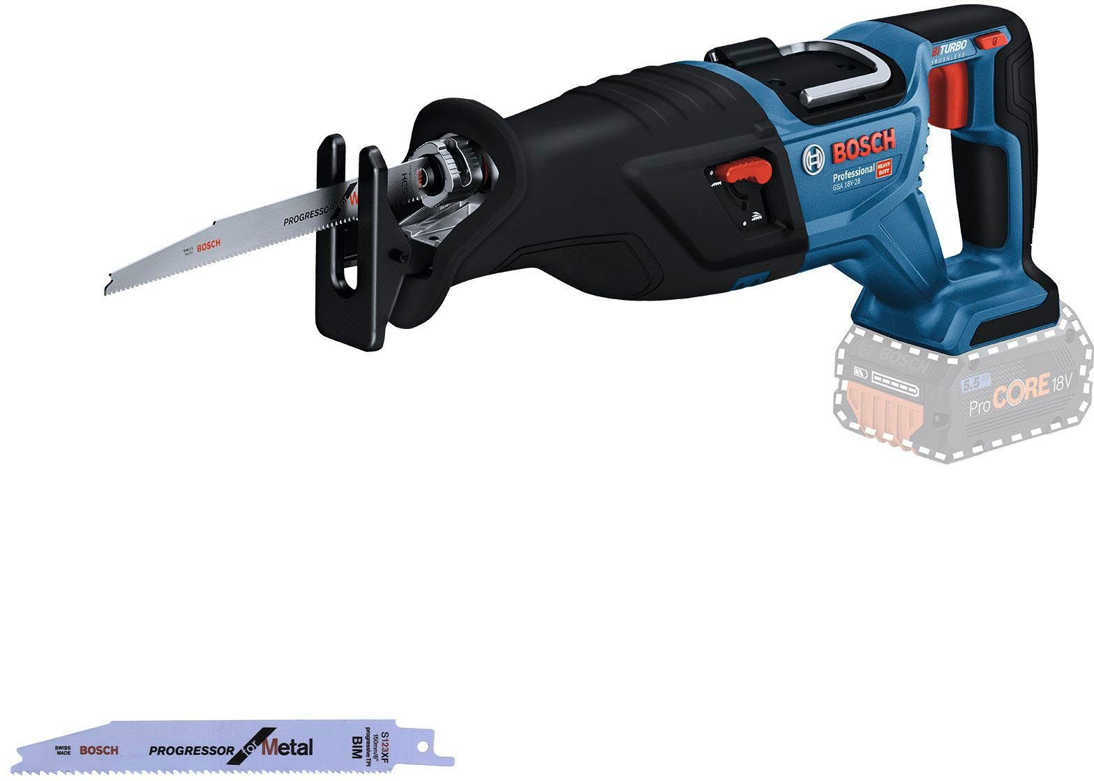 Bosch Professional Akku-Säbelsäge 18V-28, solo, Ladegerät Brushless-Technologie, BITURBO. mit GSA ohne ohne Akku