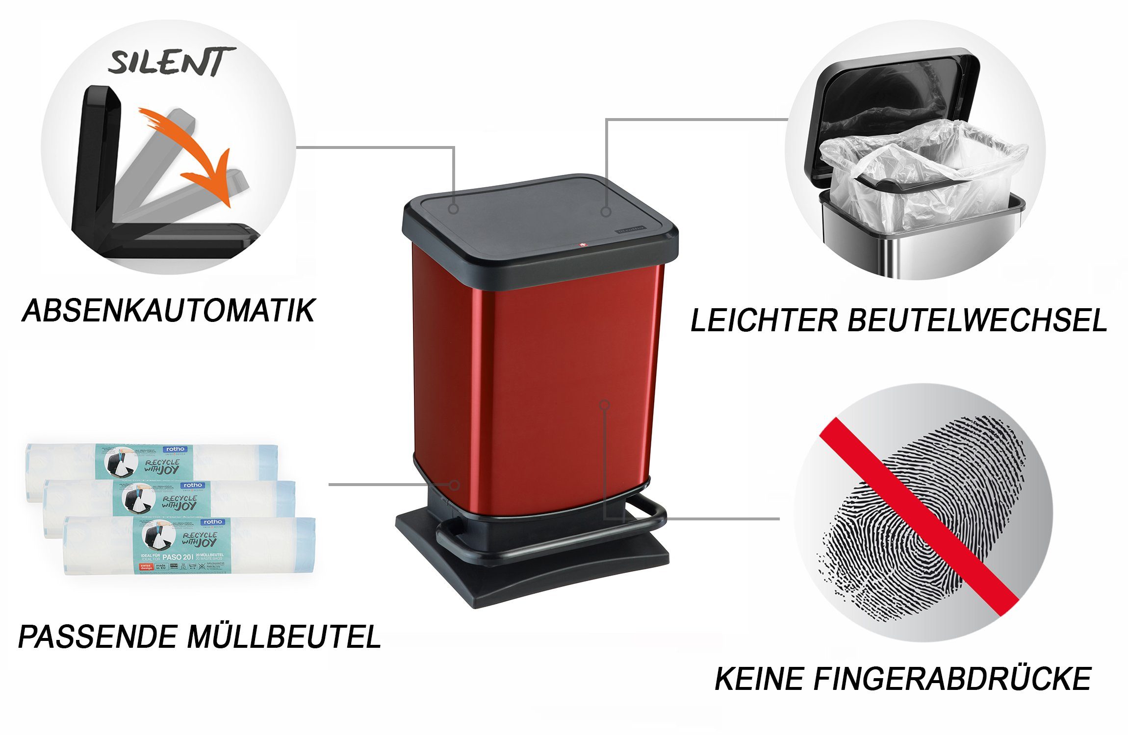 (PP) mit der ROTHO BPA-frei, Deckel, Schweiz Kunststoff Mülleimer Mülleimer 20l in Paso hergestellt metallic Rot