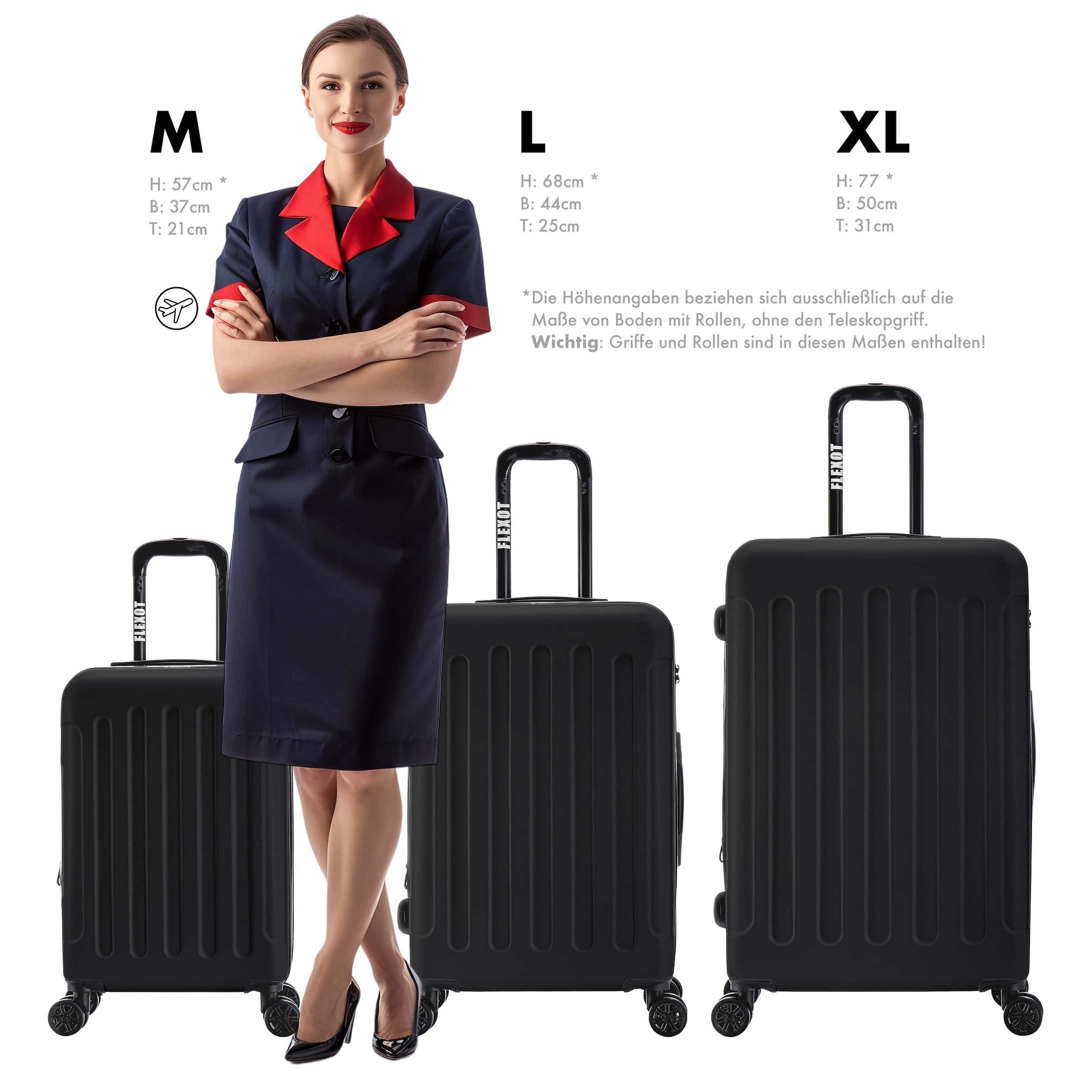 Flexot Hartschalen-Trolley F-3045 (Gr. M, L, XL) – Kofferset – ABS-Hartschale, 4 Rollen, Robuster und moderner Koffer mit vier 360° Rollen und Zahlenschloss