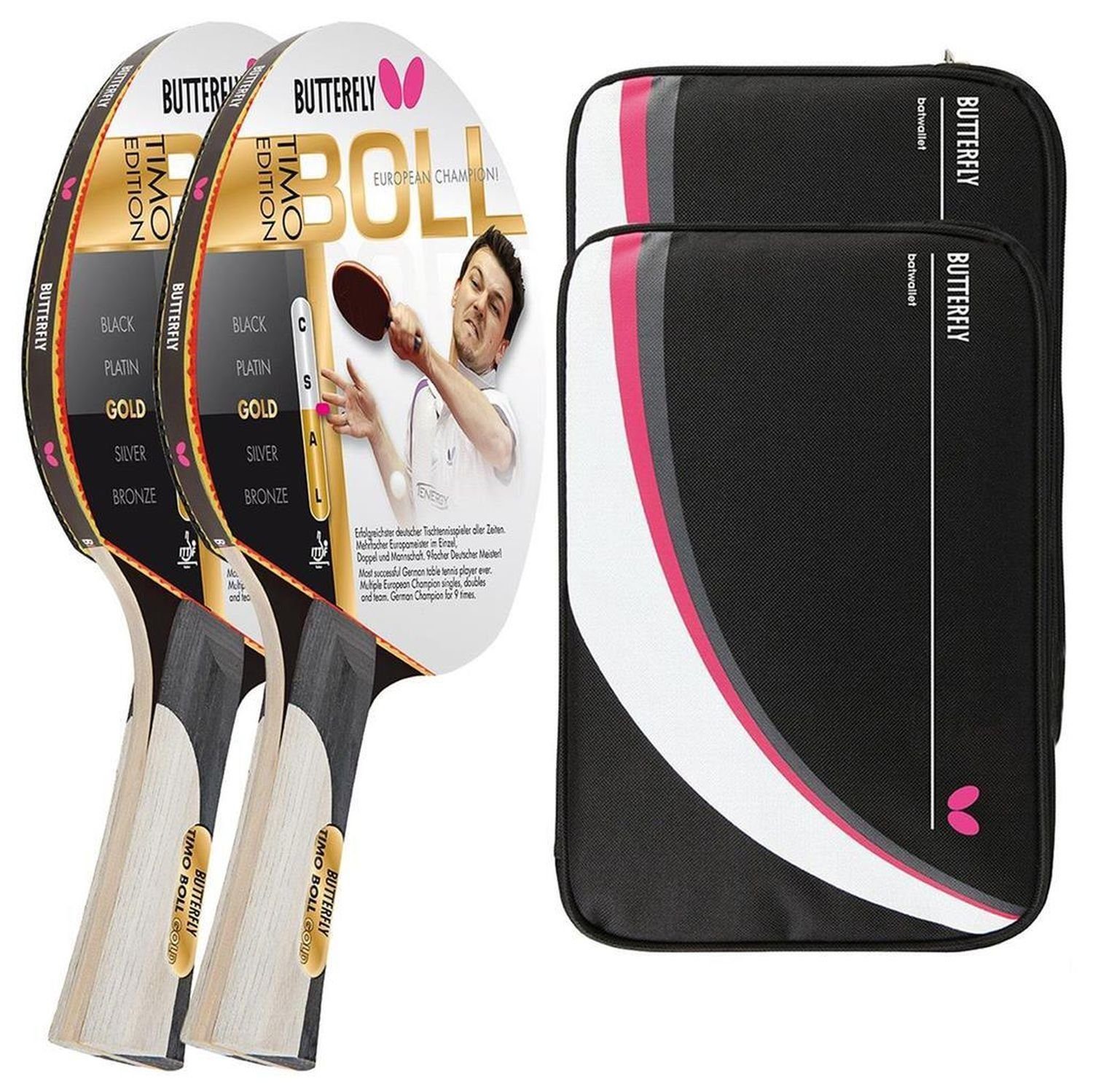 Tischtennisschläger 2x Timo Boll Gold 85020 Ti+ 2x Drive Case 2