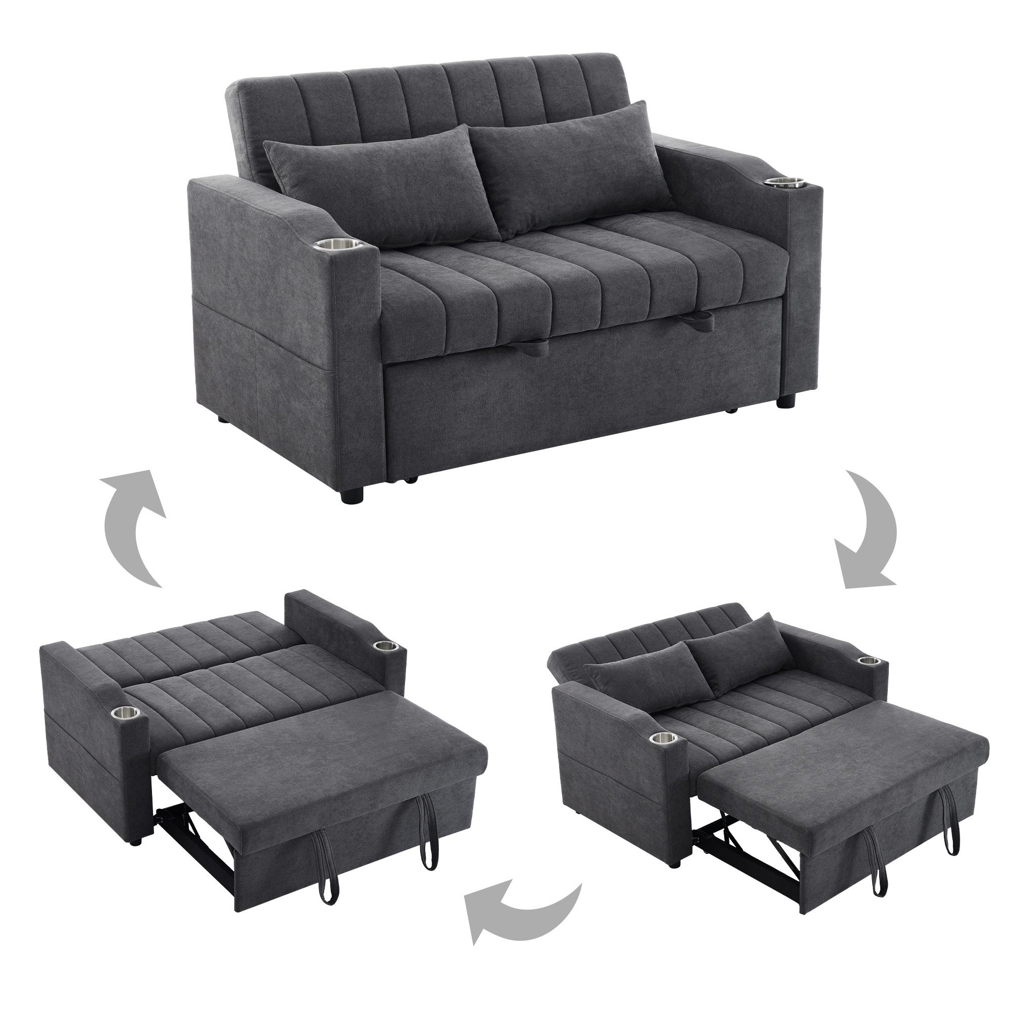 MC Star Schlafsofa Modernes Multifunktionssofa, Schlafcouch mit Schlaffunktion, mit verstellbarer Rückenlehne, mit Getränkehalter und Kissen, geeignet für Wohnzimmer, Schlafzimmer, Wohnung usw