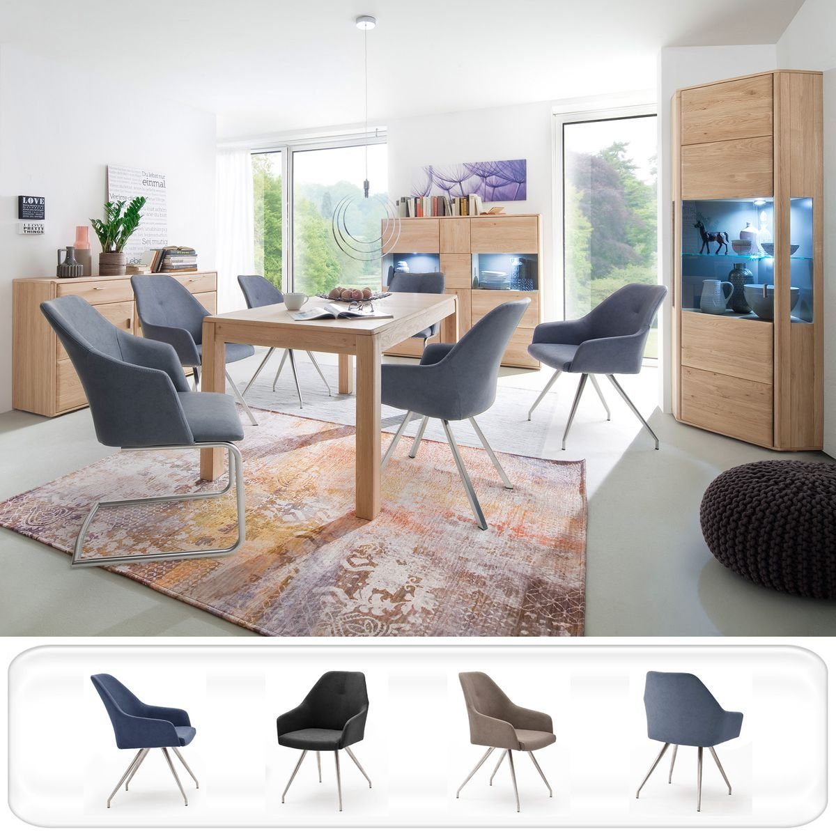 expendio Wohnzimmer-Set Torrent 147, + A2 graublau (Spar-Set, 4x 8-St), Kunstleder LED Eiche bianco Stuhl montiert