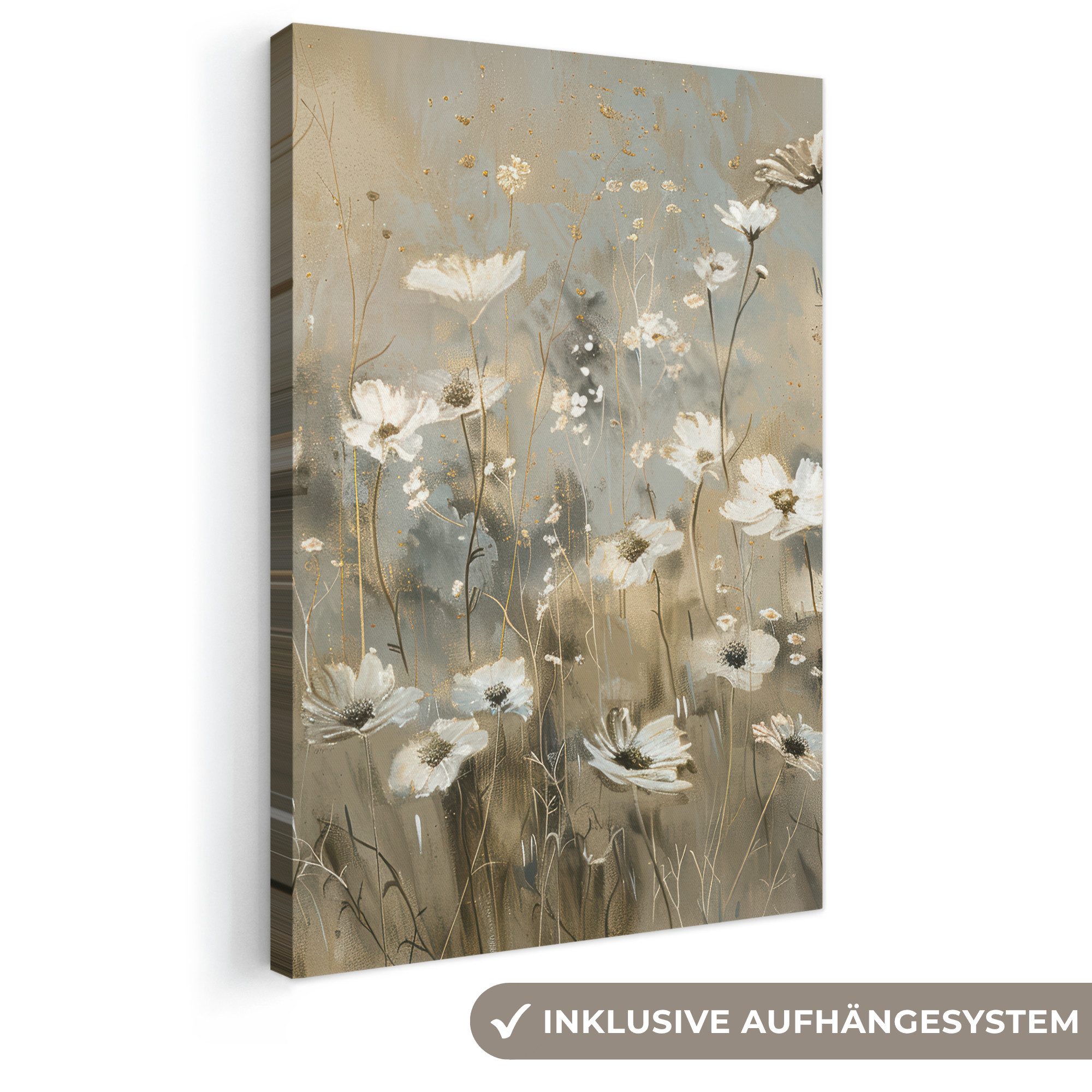 OneMillionCanvasses® Leinwandbild Blumen - Weiß - Natur - Grau - Modern, Fotodruck (1 St), Leinwand Canvas Wandbild, Wanddekoration 20x30 cm