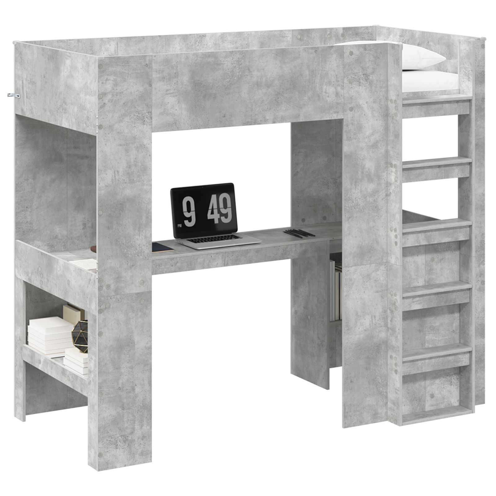 furnicato Bett Etagenbett mit Schreibtisch 100 x 200 cm Beton Grau, Hochbett mit integriertem Schreibtisch, Regalen und Sicherheitsgitter