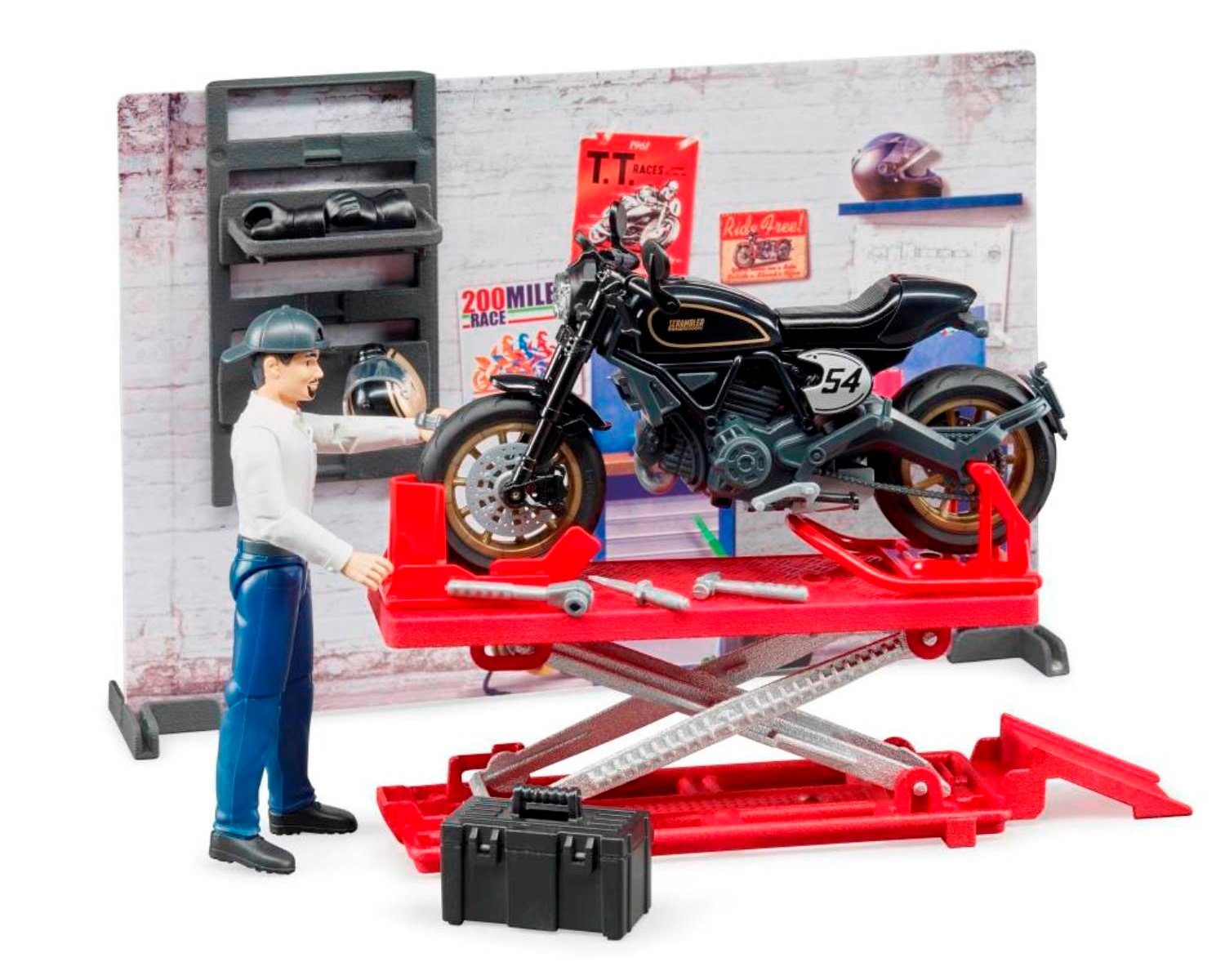Stellfüße Racer, Motorrad, 62101 mit Hebebühne, detailgetreue Motorrad-Werkstatt Cafe Bruder® Scrambler Ducati bworld Spielzeug-LKW