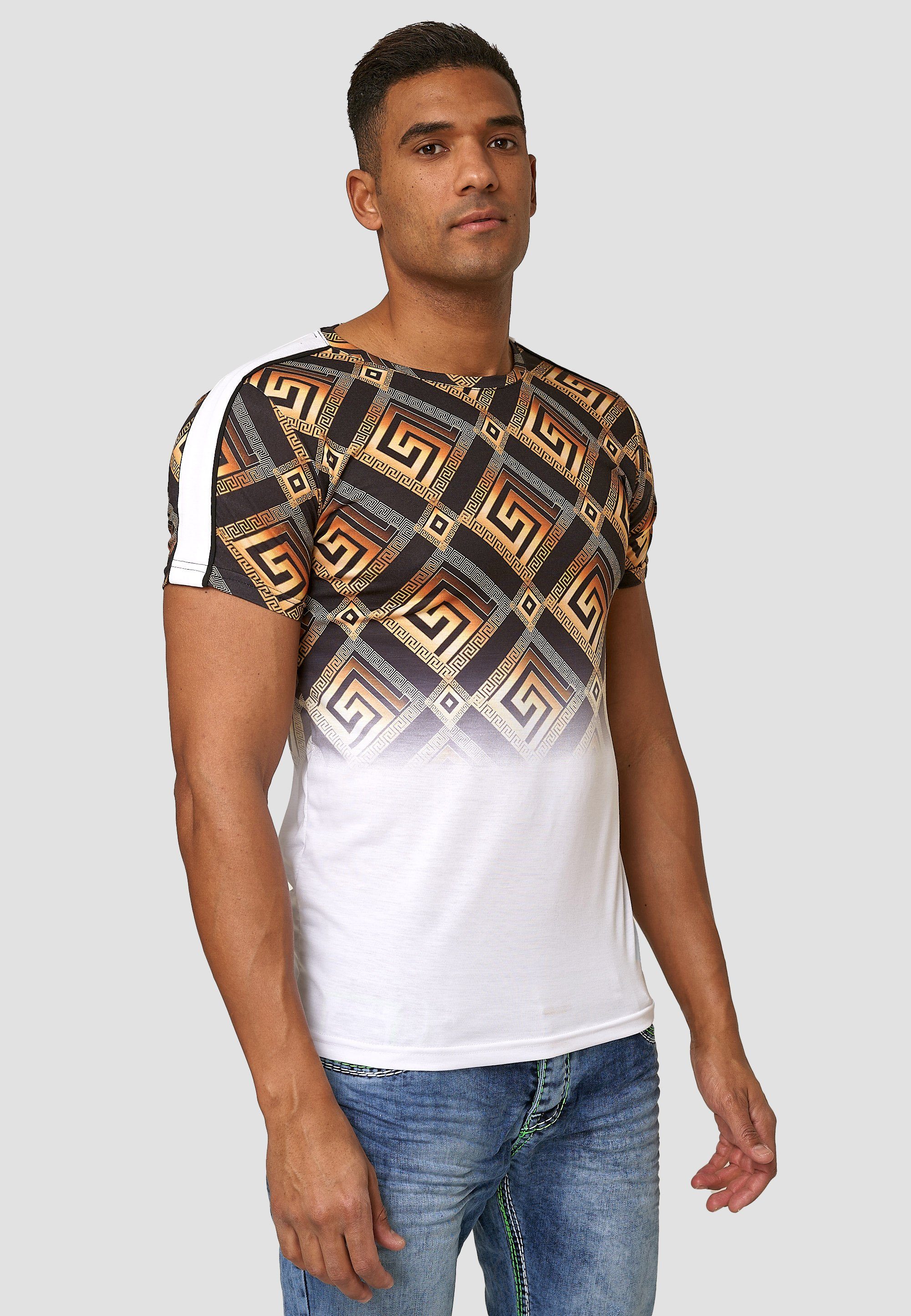 OneRedox T-Shirt Fitness Design) modischem Polo TS-1582 Casual Kurzarmshirt 1-tlg., Tee, im Weiß Freizeit (Shirt
