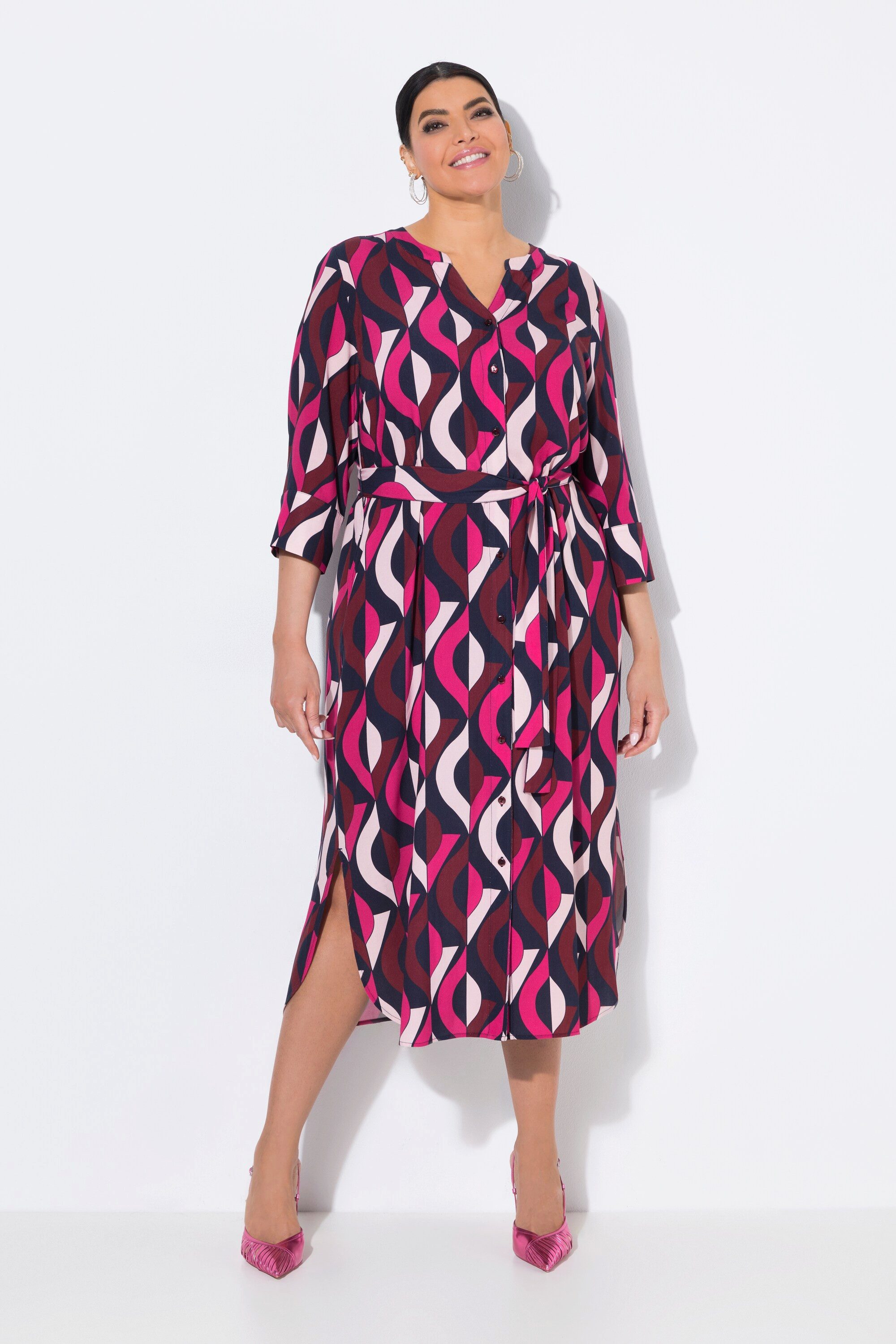 Ulla Popken Midikleid Maxikleid A-Linie Tunika-Ausschnitt 3/4-Arm günstig online kaufen