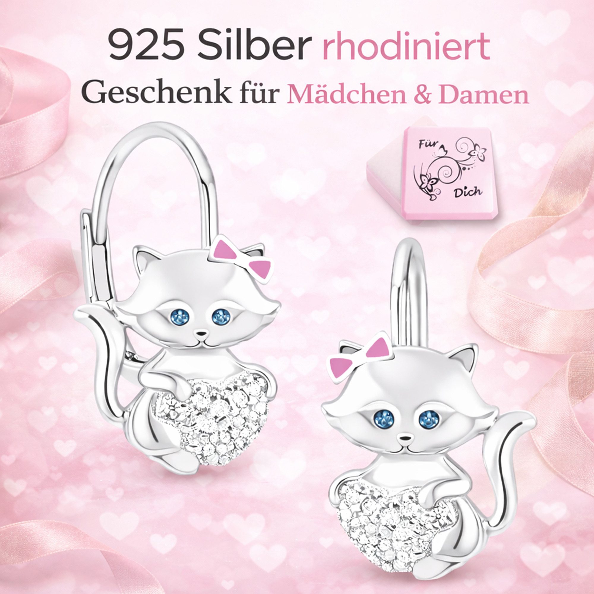 Limana Paar Creolen Mädchen Ohrringe Damen Katzen 925 Silber Kinder Ohrhänger Geschenk (Schmuck inkl. Dose), Ostern Weihnachten Geburtstag Nikolaus Einschulung Schulanfang