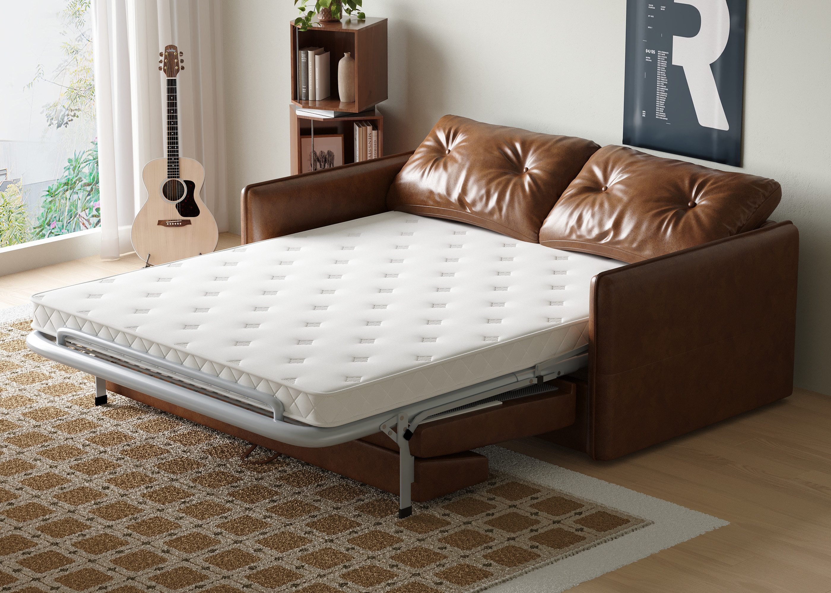 oleyluckidea Schlafsofa 3-in-1 schlafcouch ausziehbar,160cm mit Matratze,sofabett Lederoptik, Set, Zum Bett umwandelbar, braun