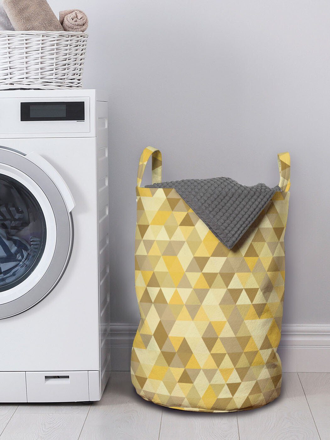 Waschsalons, monotone Gelb Wäschekorb Griffen Kordelzugverschluss Abakuhaus mit Braun für Wäschesäckchen Triangles