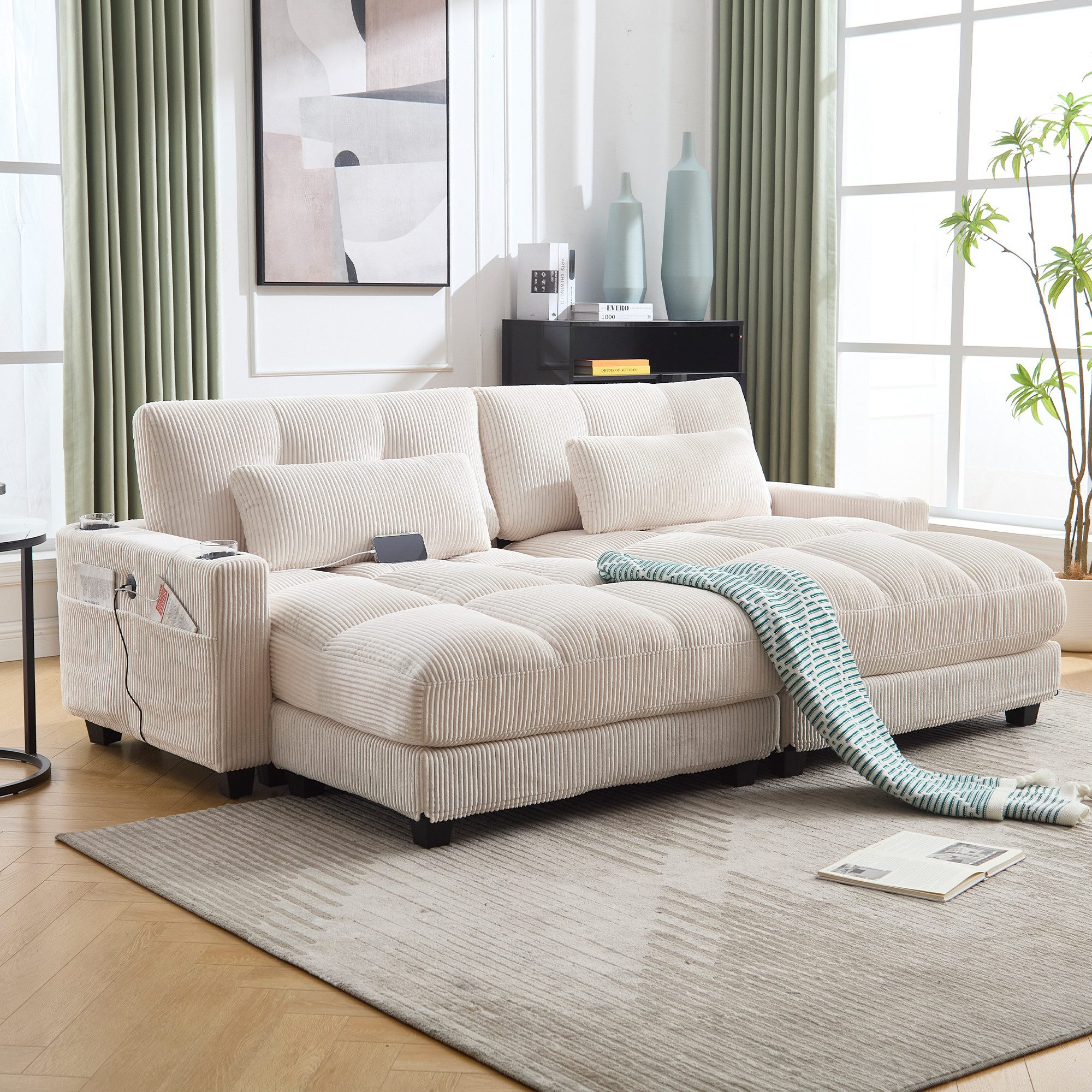KLAM HOME Schlafsofa Ecksofa Palmensessel Relaxsofa Polstermöbel mit 2Becherhaltern&USB, mit eine Seitentaschen, Cordstoff, Sitzsack mit rollenden polstern, Perfekt für Wohnzimmer, Schlafzimmer, Jugendzimmer, Gästezimmer