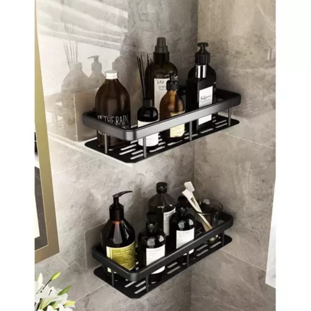 Ruhhy Duschablage Aluminium Badezimmerregal Set - Schwarz, 2-teilig, ohne Bohren, Aluminium-Badezimmerregal-Set, schwarz, 2-teilig mit Zubehör., Aluminiumregale – Bild 2 von 5