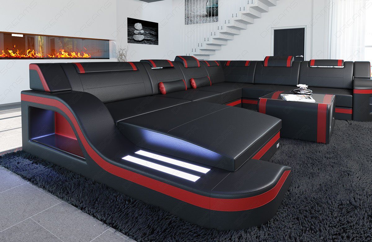 Sofa Dreams Wohnlandschaft XXL Ledersofa Palermo U Form Mini, Designersofa, Couch mit LED Licht und USB Anschluss