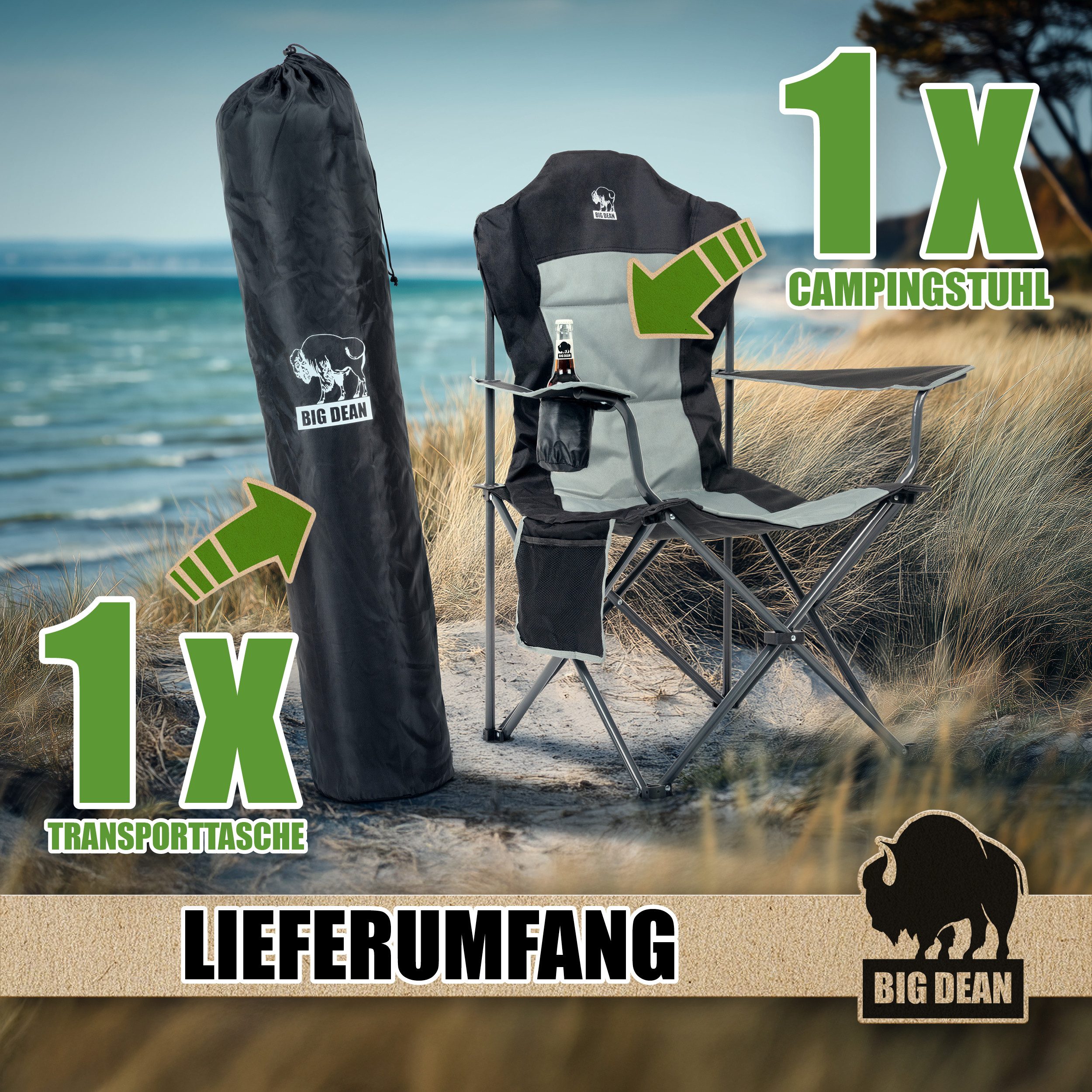 BigDean Campingstuhl Luxus Campingstuhl Faltbar 160 KG Belastbar Ultragroß mit Hochlehner (Packung, 1 St), Outdoor-Komfort mit höchstem Niveau