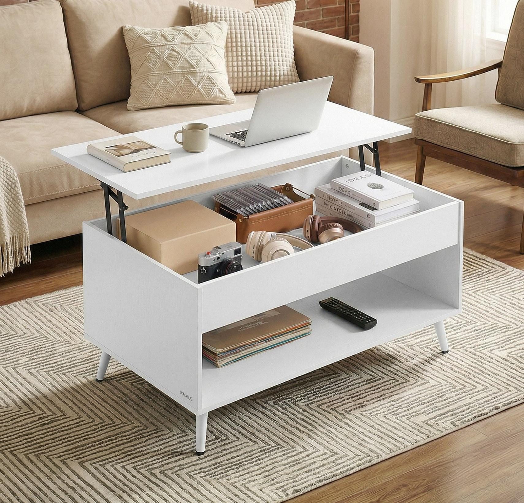 VASAGLE Couchtisch höhenverstellbarer Wohnzimmertisch, für Wohnzimmer, Homeoffice (inkl. Zubehörpaket & Anleitung, aufklappbar), Kaffeetisch, Gaszylinder, verstecktes Fach, offenes Fach