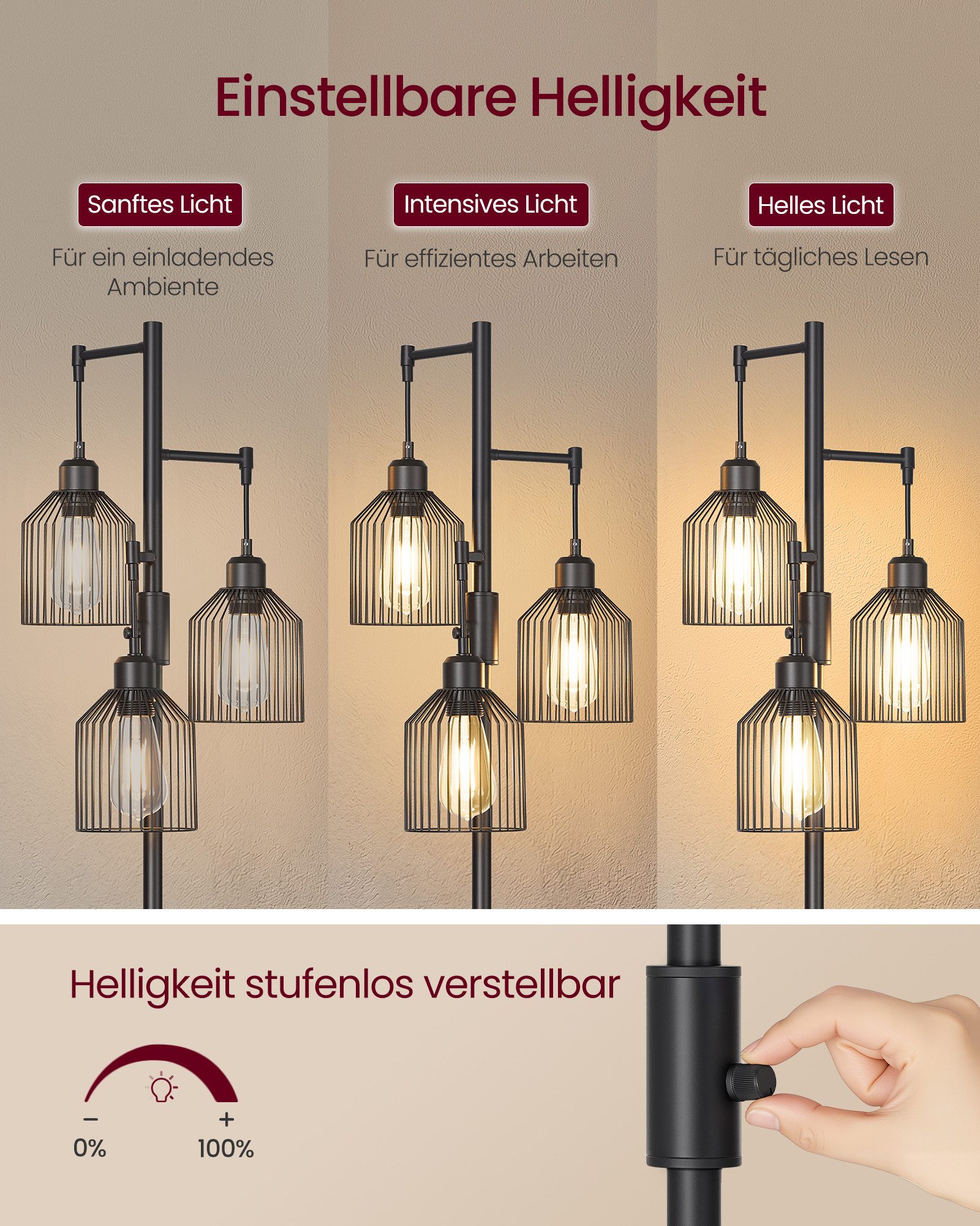 VASAGLE Stehlampe Standleuchte, 3-flammige Stehleuchte, Helligkeit einstellbar, Metallschirm, 3 E27-Fassungen, modern