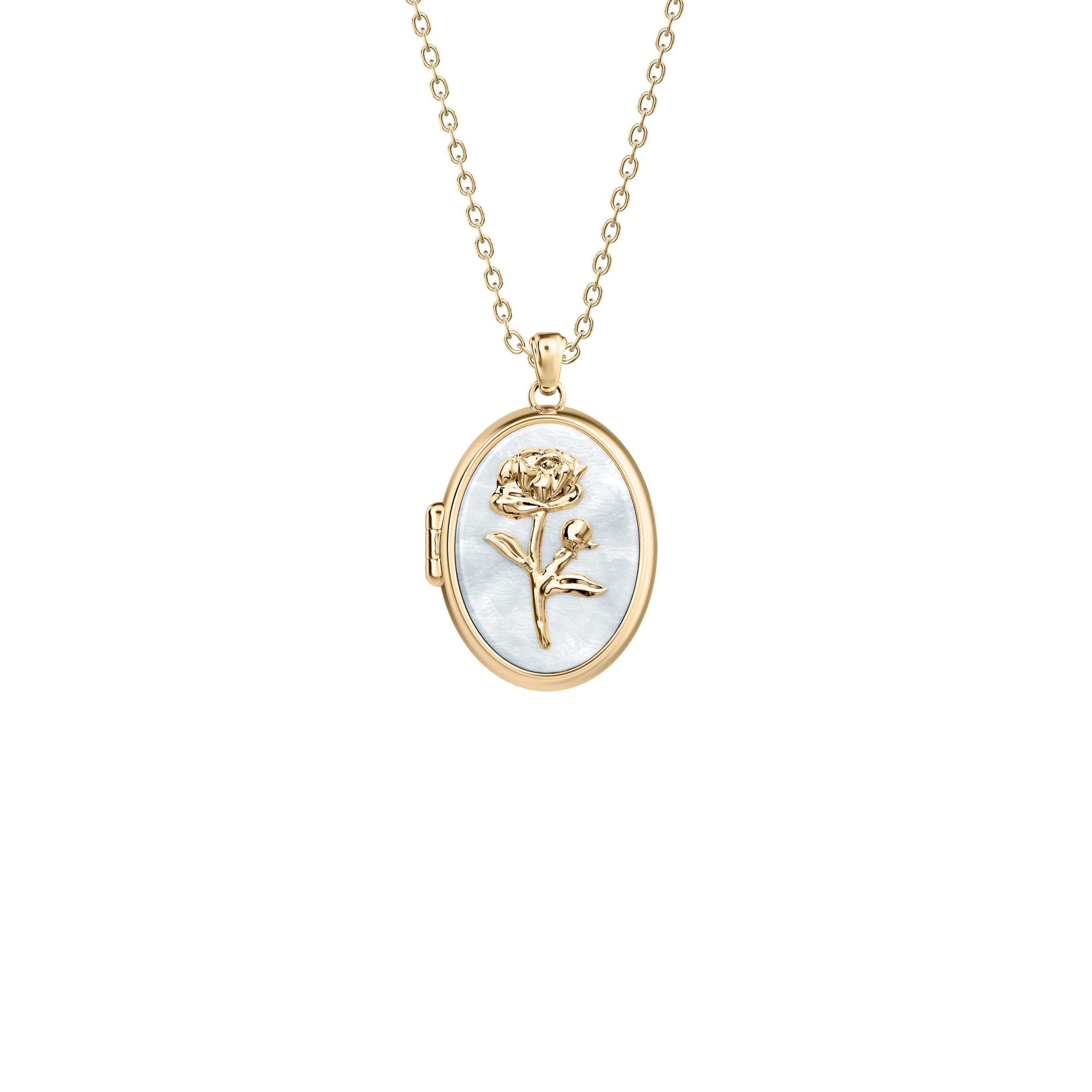 Fossil Kette mit Anhänger Schmuck Geschenk Edelstahl Medaillon zum Öffnen Blume Sutton, mit Perlmutt