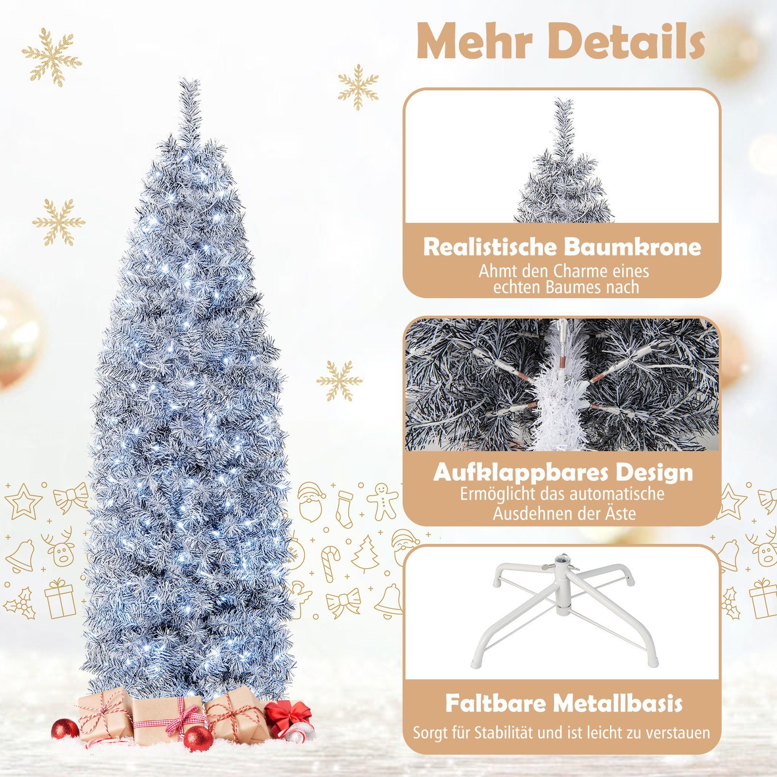 kaltweißen Weihnachtsbaum, 250 mit Bleistift, COSTWAY 180cm Künstlicher LEDs, Weiß+Schwarz