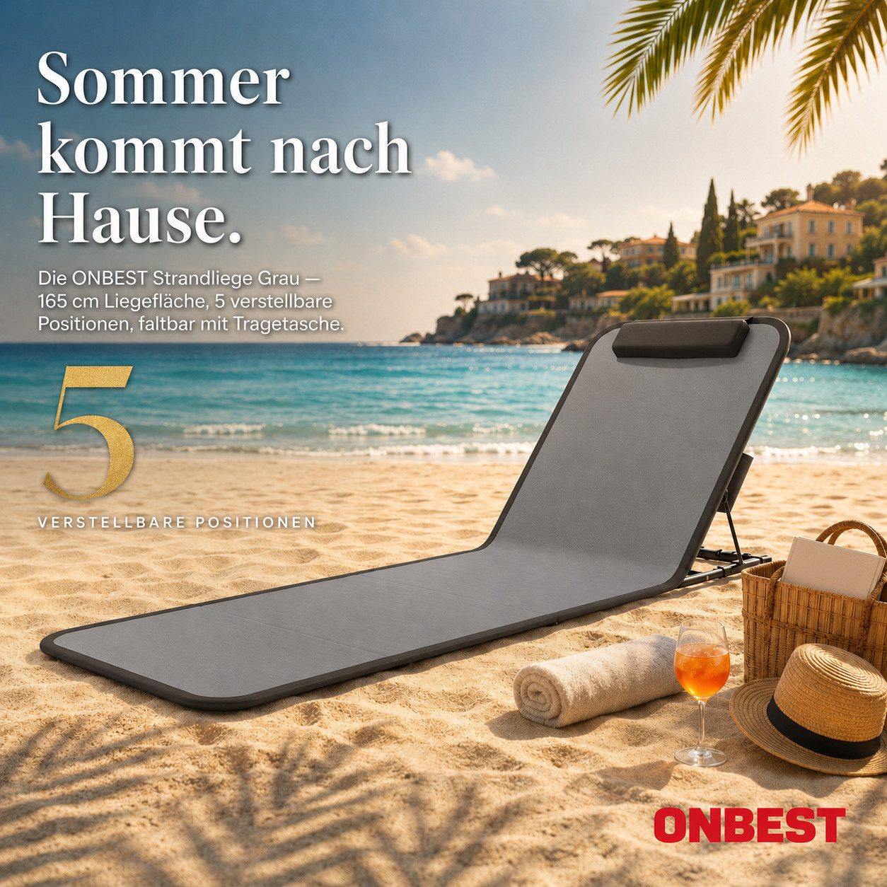 Onbest Campingliege Strandliege klappbar mit Nackenkissen Tragetasche, Stahlgestell, verstellbare Rückenlehne