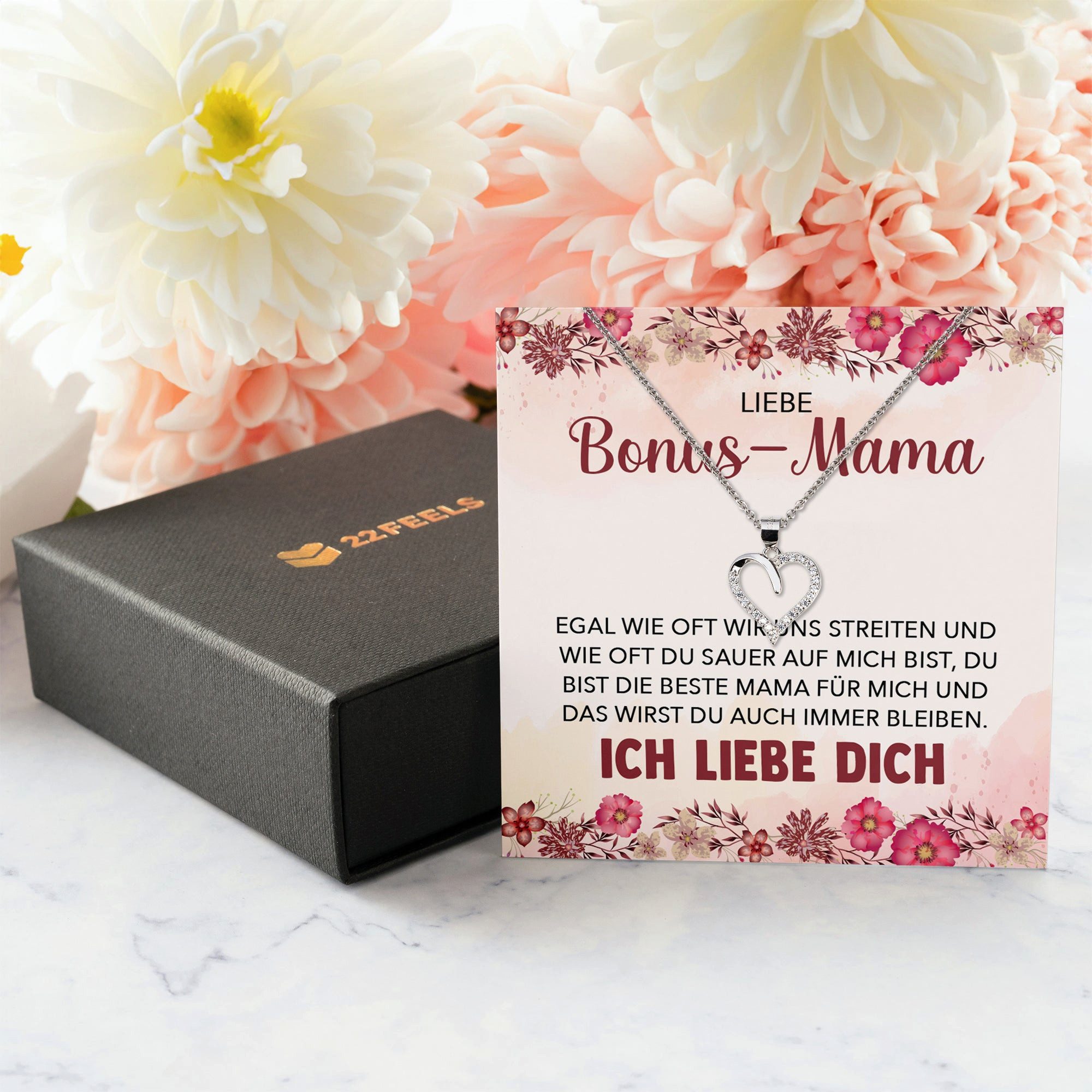 22Feels Schmuckset Stiefmama Geschenk Muttertag Bonus-Mama Herz Halskette Geburtstag (inkl. Geschenktasche, Karte(n), Poliertuch, Beutel), Silber 925/000, Karte Made In Germany