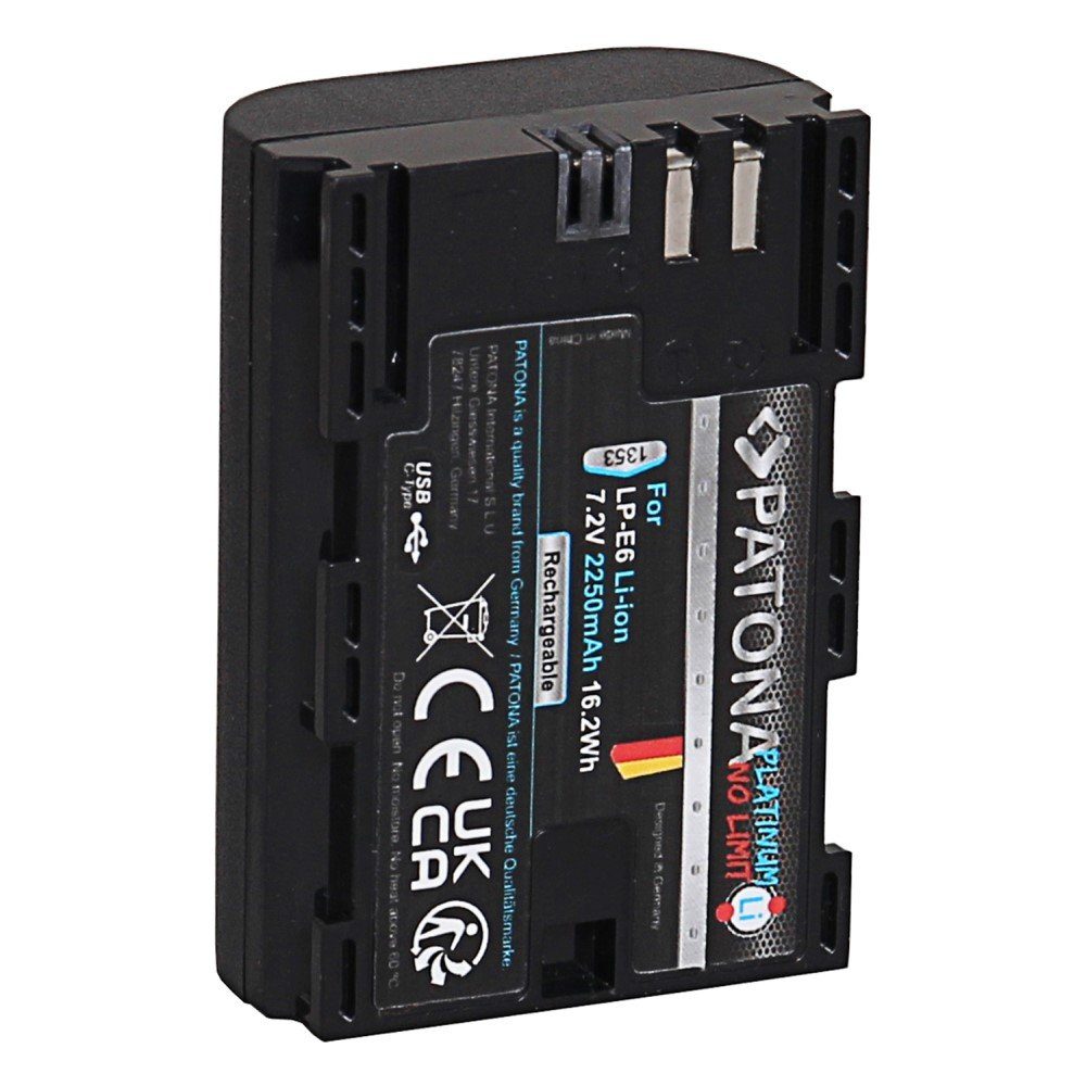 Patona Platinum Akku mit USB-C Eingang für Canon LP-E6 Kamera-Akku Ersatzakku Kameraakku 2250 mAh (7,2 V, 1 St), Canon LP-E6 LPE6 EOS 60D 70D 5D 6D 7D Mark III