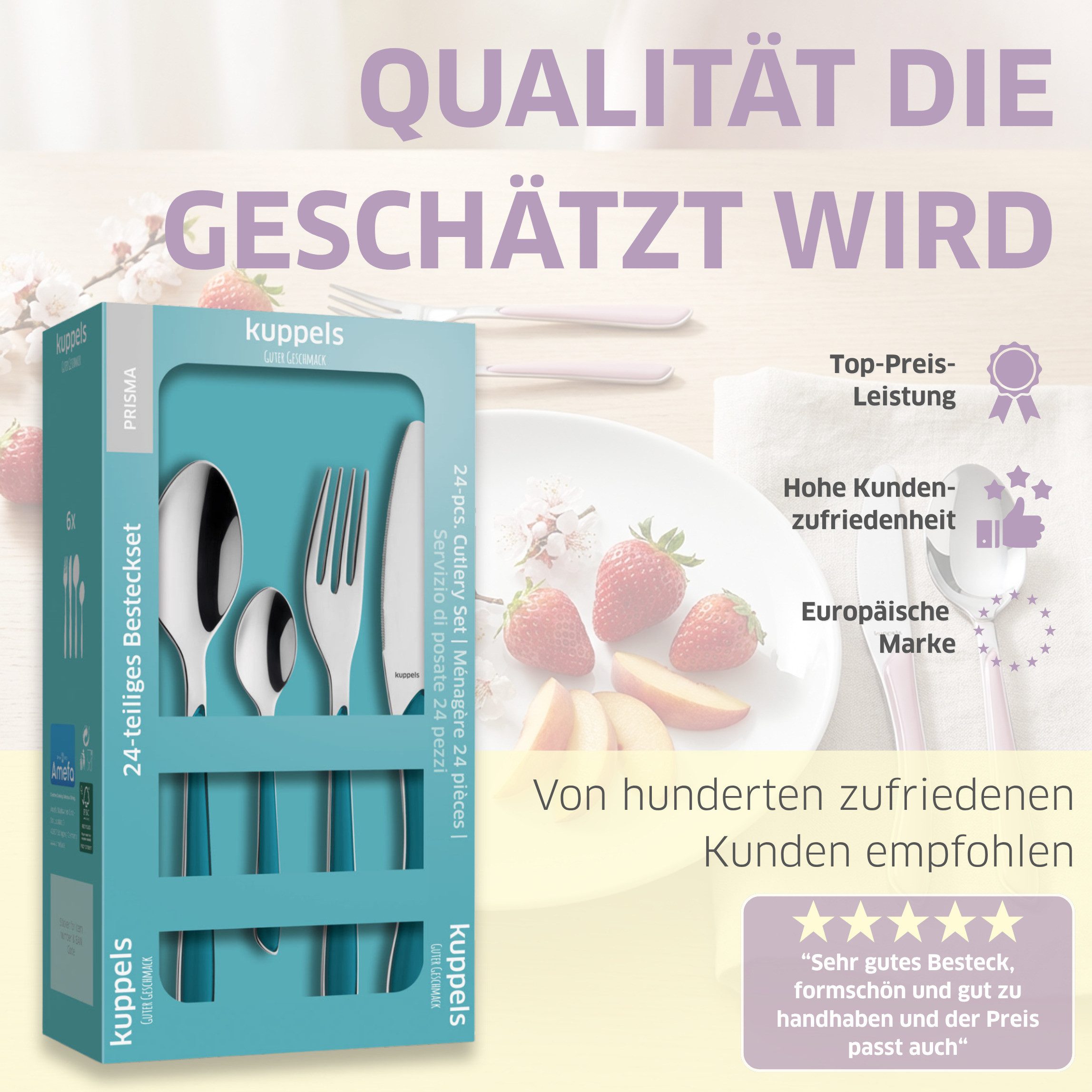Kuppels Besteck-Set PRISMA (24-tlg), 6 Personen, Edelstahl Rostfrei 18/0, spülmaschinenfest, in petrol, hochglanzpoliert – Bild 4 von 5