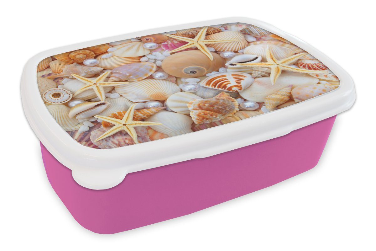 MuchoWow Lunchbox Muscheln - Perlen - Seesterne - Strand, Kunststoff, (2-tlg), Brotbox für Erwachsene, Brotdose Kinder, Snackbox, Mädchen, Kunststoff rosa