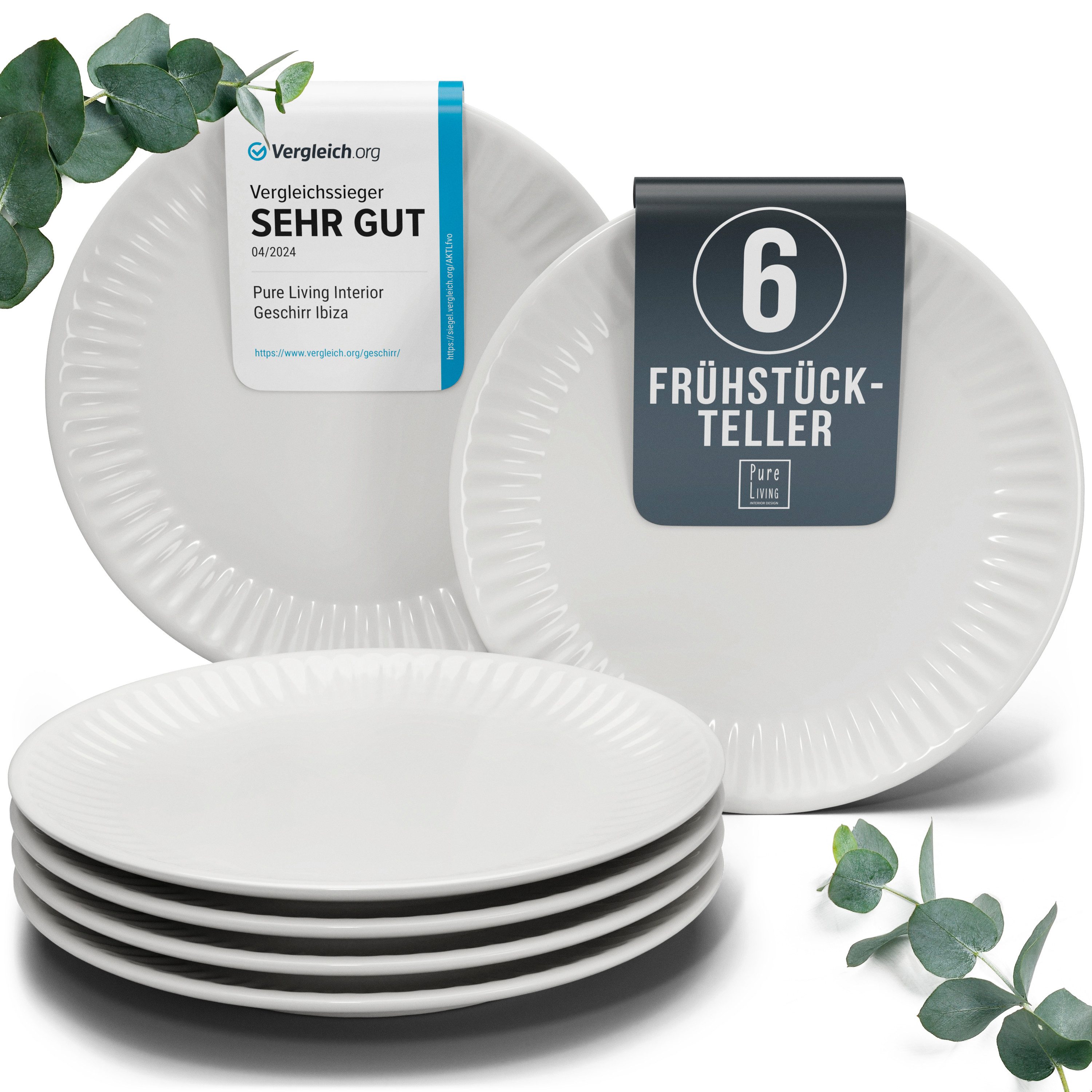 PURE LIVING INTERIOR DESIGN Geschirr-Set Hygge Dessertteller, Frühstückteller, 6er-Set, 20 cm, Hellgrau (6-tlg), 6 Personen, Steingut