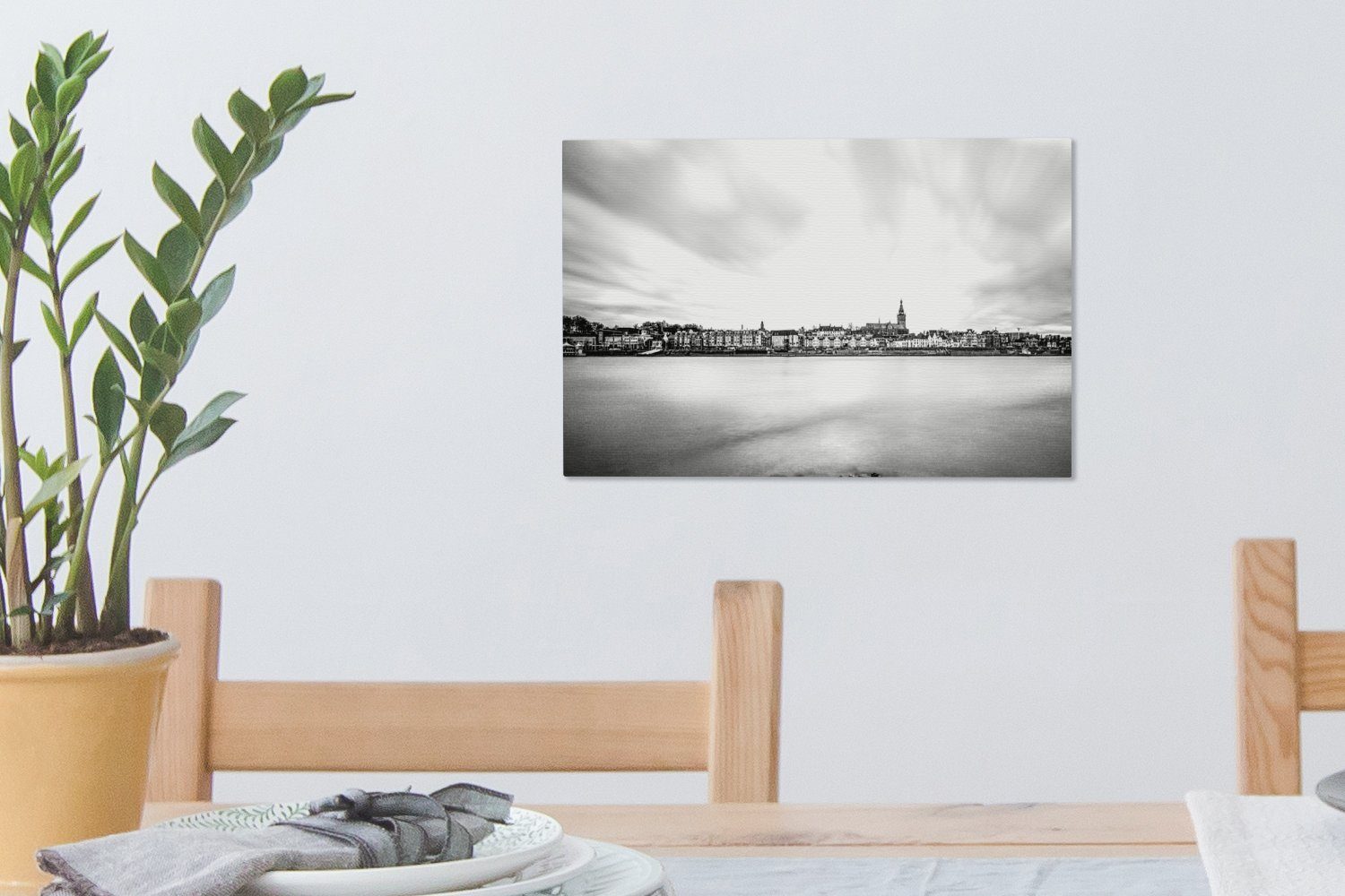 Aufhängefertig, Fluss OneMillionCanvasses® Waal mit cm dem weiß, Nijmegen St), 30x20 Wanddeko, (1 schwarz und Leinwandbild Leinwandbilder, - Skyline von Wandbild
