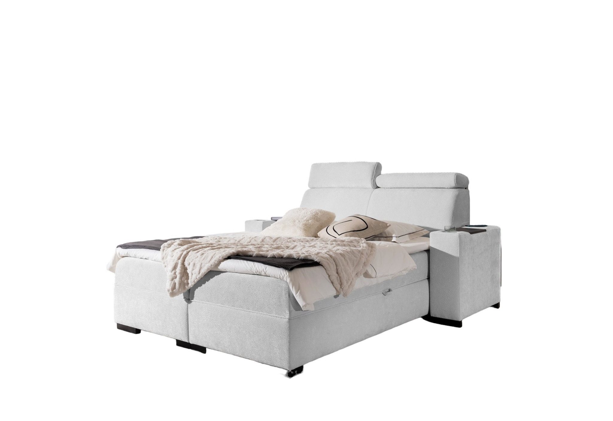 Fun Möbel Boxbett Bett NESTOR in Stoff Dress Me Set.2 inkl. 2 x Nachttisch (inkl. Bettkasten und Topper, Einstellbare Kopfstützen), Nachttische mit Stauraum, Becherhalter und Handy-Ladegerät