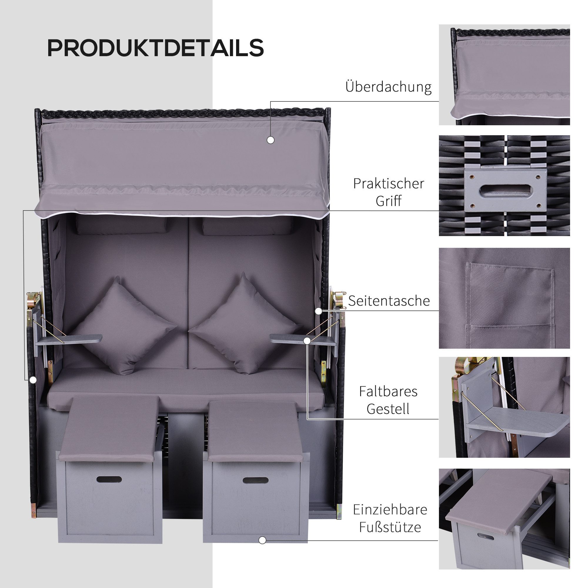 CHICFURN Strandkorb Ostsee Volllieger 2-Sitzer aus Tannenholz mit PE-Geflecht, BxTxH: 118x79x160 cm, (Packung, 5-fach verstellbare Rückenlehne mit Fußbänkchen und Seitentischen), Grau, 118 x 79 x 160cm