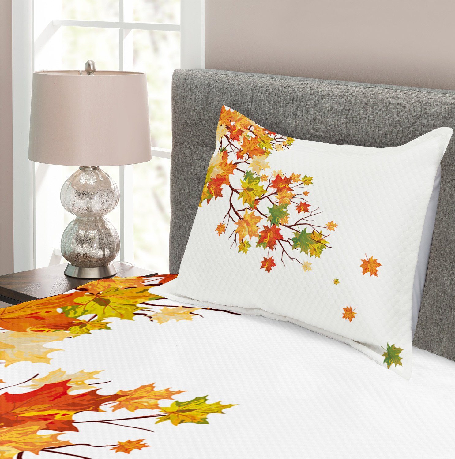 Tagesdecke Set mit Herbst-Laub Kissenbezügen Maple Abakuhaus, Waschbar, Leaf Fallen