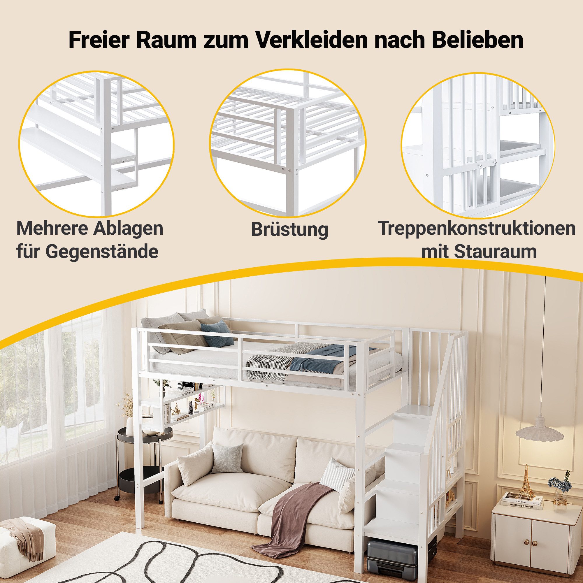Flieks Hochbett Metallbett 90x200cm mit Einlegeböden und Stauraumtreppe – Bild 4 von 5