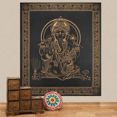 Wandteppich Tagesdecke Wandbehang Deko Tuch Lord Ganesha Gold ca. 200 x 230cm, KUNST UND MAGIE