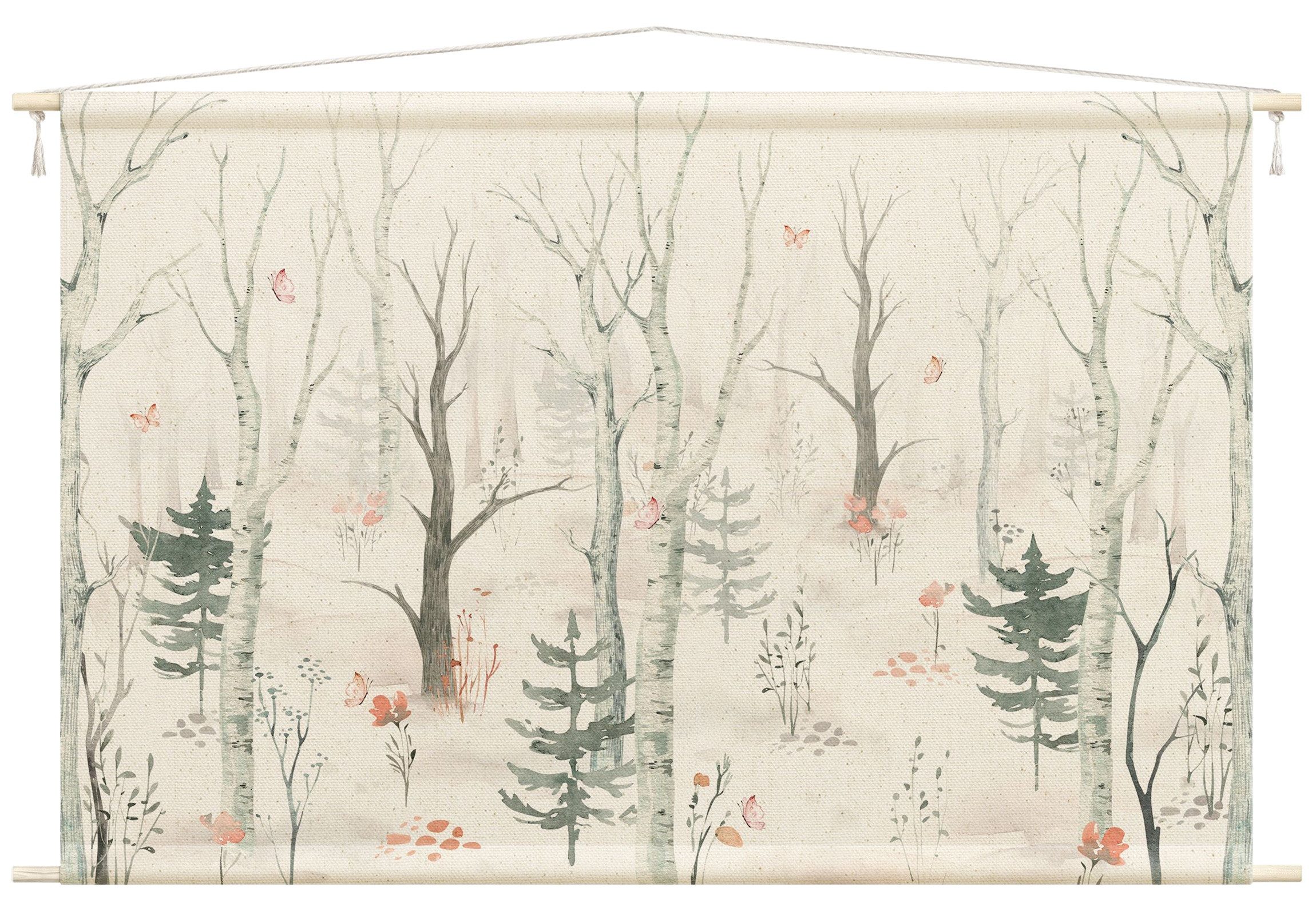 Bilderdepot24 Wandteppich Kinderzimmer modern Wald Natur Tiere Schmetterlinge beige, rechteckig, Höhe: 2.6 mm, großes Wandbild aus Natur-Baumwolle Wandbehang Stoffbild Tuch Wollseil