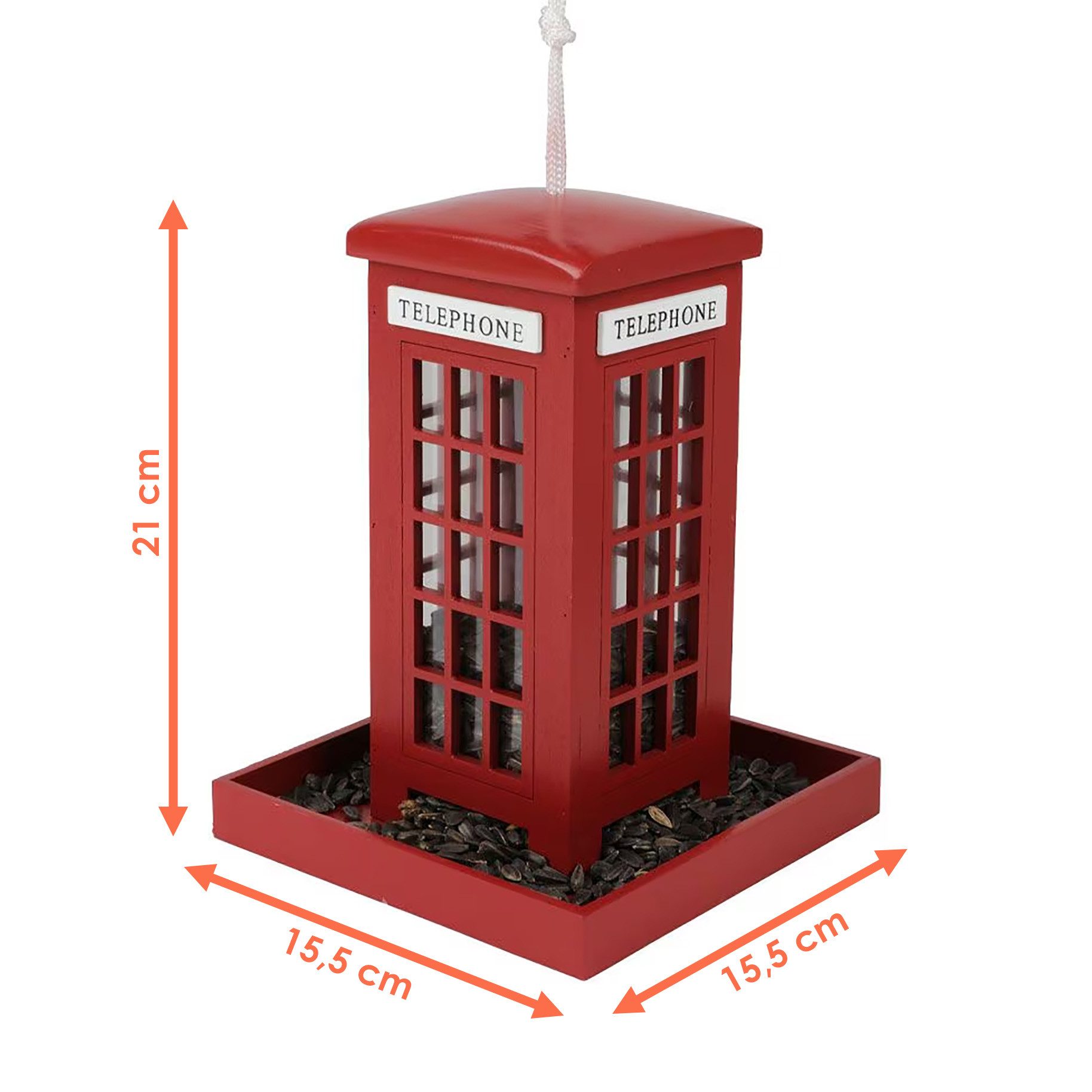 Spetebo Vogelhaus Vogel Futterstation rote Telefonzelle zum Aufhängen - 21 x 15 cm, leichtes Befüllen durch abnehmbares Dach
