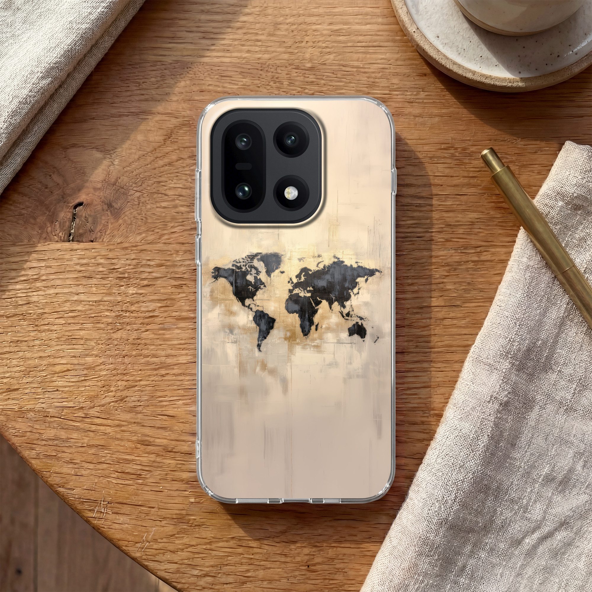 MuchoWow Handyhülle für OnePlus 15 Weltkarte - Gold - Schwarz - Abstrakt, Phone Case, Silikon, Schutzhülle Dünn