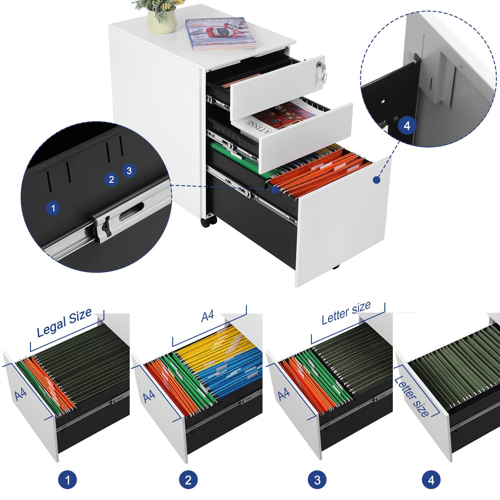 SONGMICS Aktenschrank Rollcontainer, mit 3 Schublade, vormontiert, 2 Größen