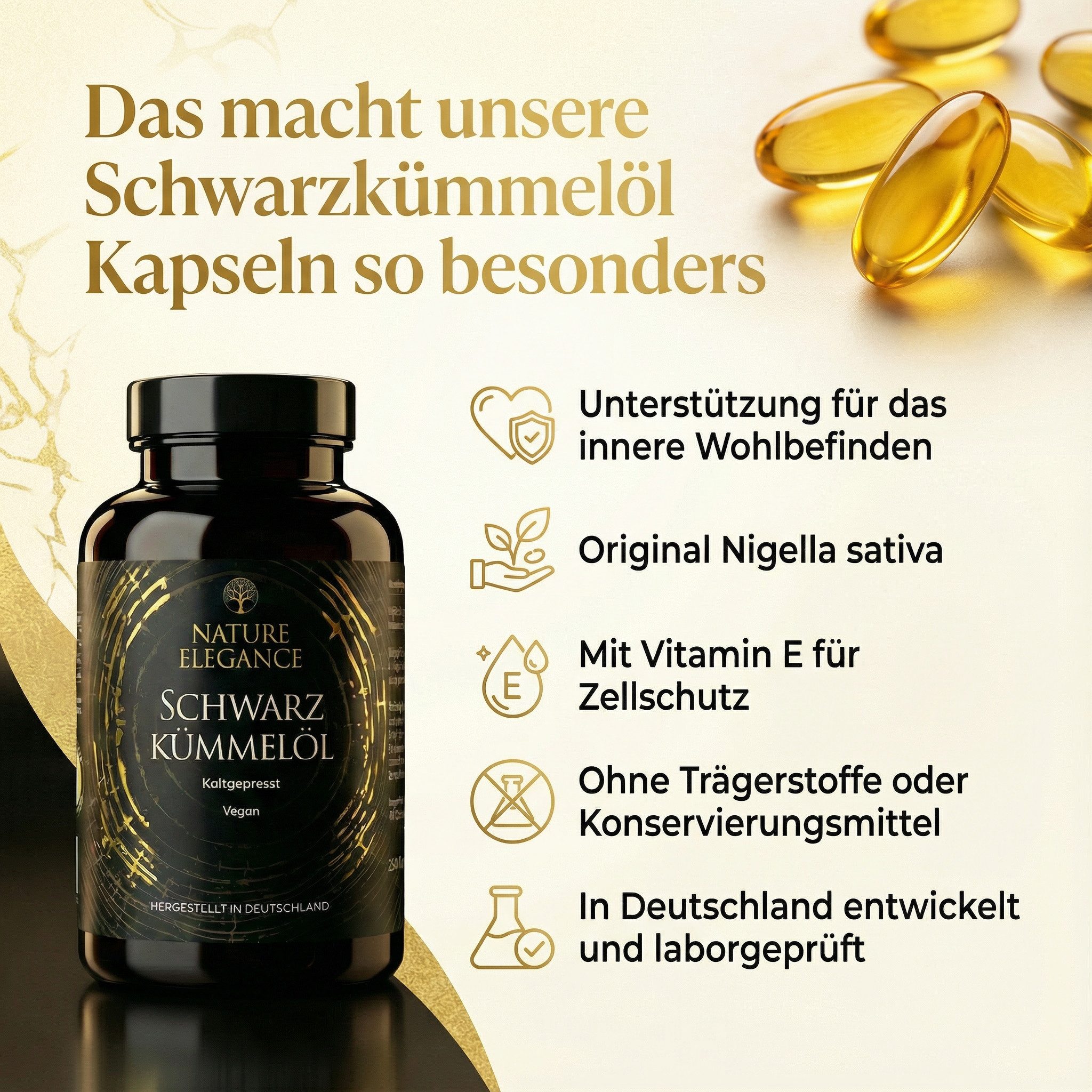 NEOLYMP Schwarzkümmelöl Kapseln - 1000mg vegan kaltgepresst aus Nigella sativa Kapseln, 4-Monats-Vorrat, 240 Softgels kaltgepresst mit pflanzlichem Vitamin E