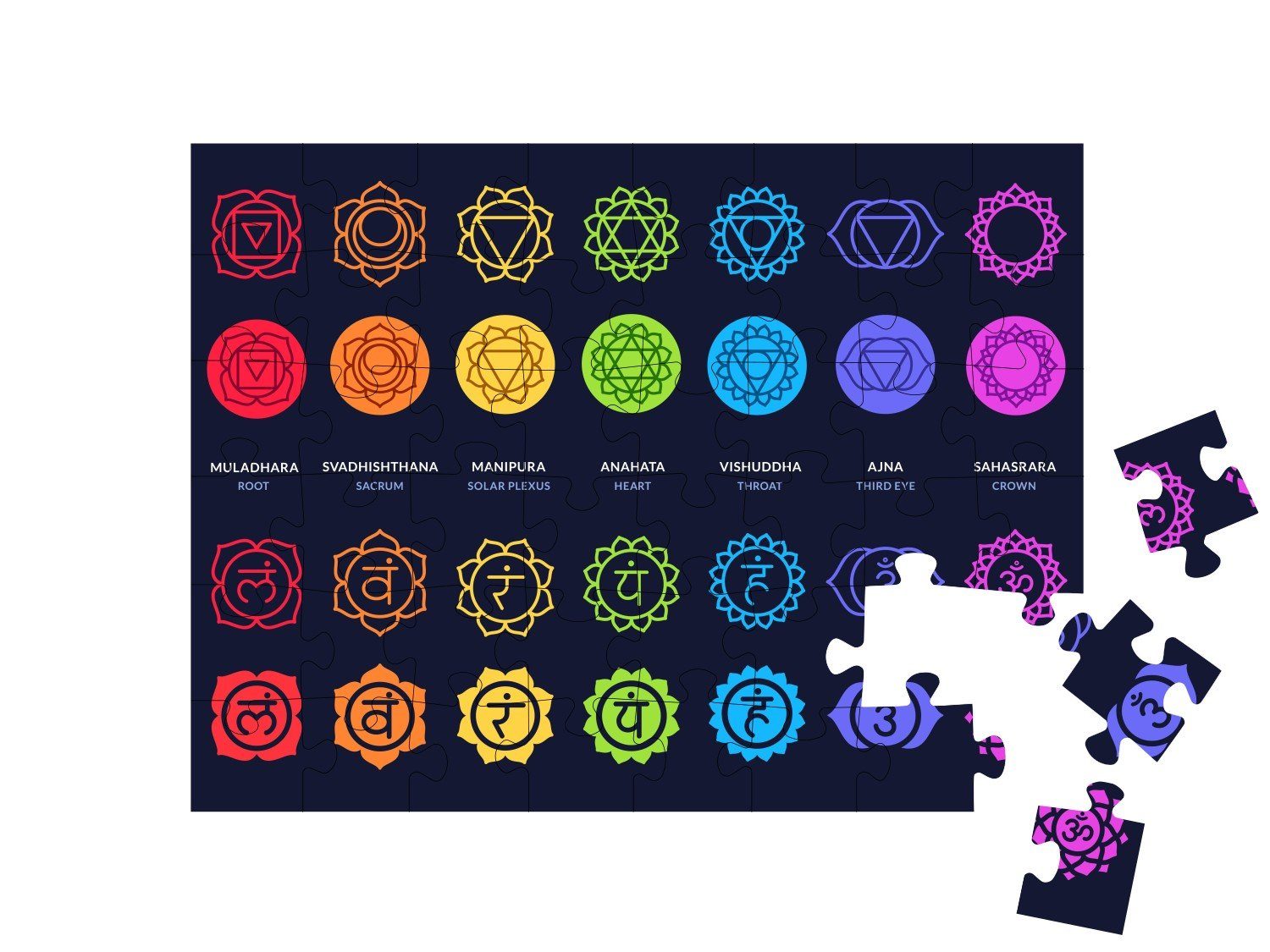 dunklem puzzleYOU-Kollektionen Chakra, Puzzle Puzzleteile, 48 Menschen Hintergrund, puzzleYOU auf Chakra-Symbole
