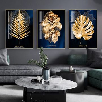 TPFLiving Kunstdruck (OHNE RAHMEN) Poster - Leinwand - Wandbild, Goldene Blätter auf blauem Hintergrund - Wanddeko Wohnzimmer - (13 verschiedene Größen zur Auswahl - Auch im günstigen 3-er Set), Farben: Gold, Blau - Größe: 30x40cm