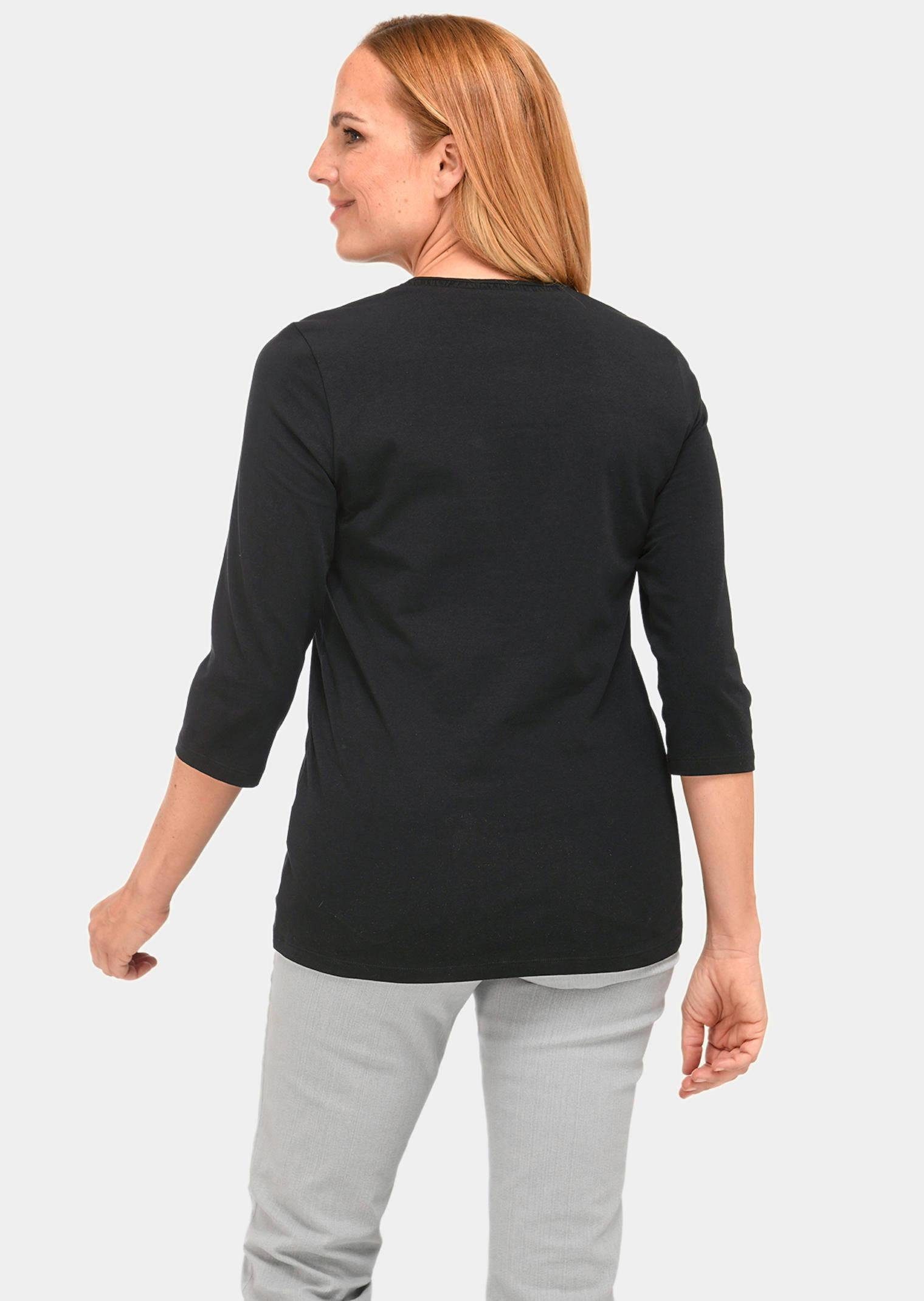 GOLDNER 3/4-Arm-Shirt Baumwollshirt mit Schmucksteinen Baumwollshirt mit Rundhalsausschnitt und 3/4-Arm