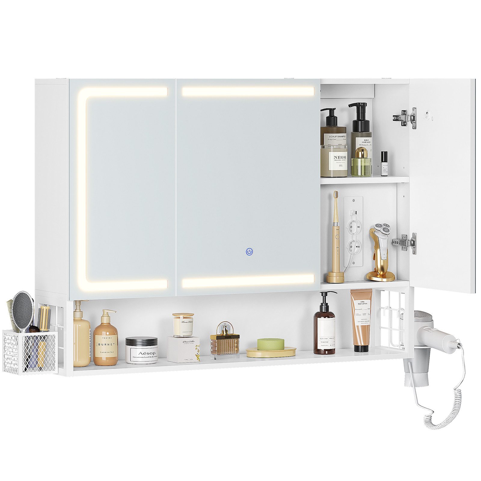 MSMASK Badezimmerspiegelschrank mit LED-Beleuchtung & Steckdose, Spiegelschrank (1-St) 3 Türen, 1 offener Einlegeboden, 90×16×70 cm, Weiß