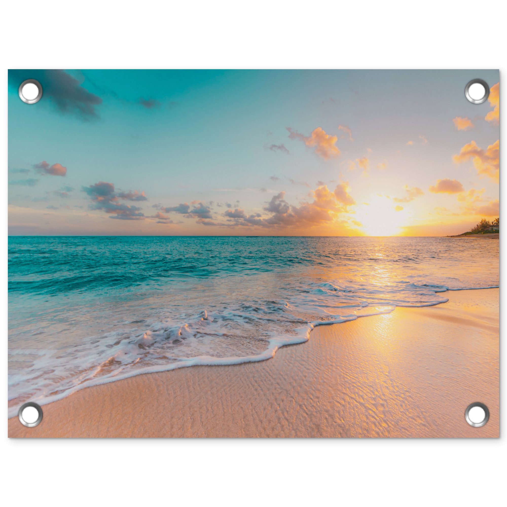 OnlyWow Poster für Garten Sonnenuntergang - Strand - Meer - Sommer - Blau, Gartenposter, Outdoor Bilder, Gartendekoration Bild, 40x30 cm