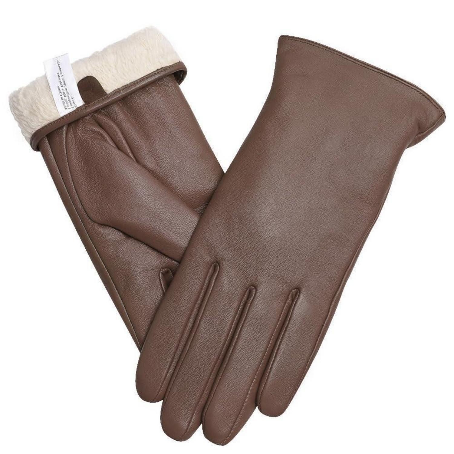 LuxusKollektion Lederhandschuhe Handschuhe Damen Leder Touchscreen gefüttert warm Braun (1-St)