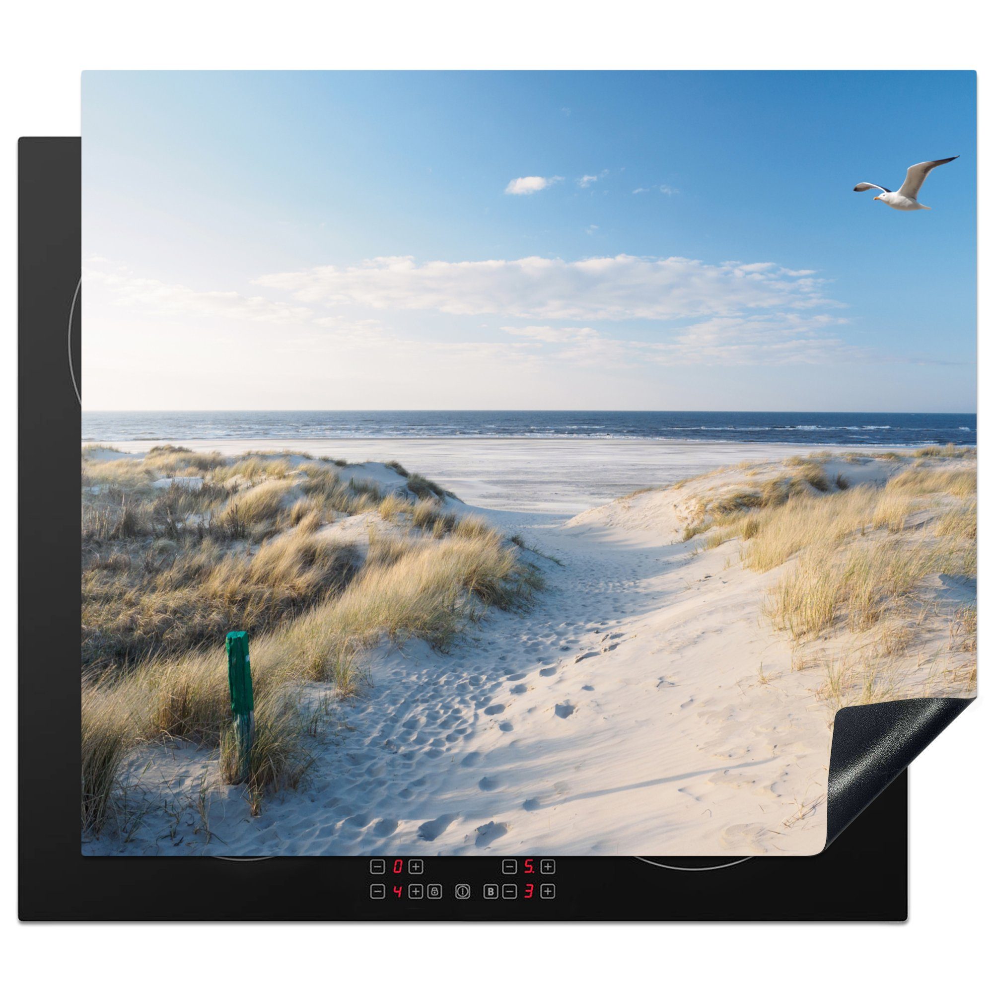 MuchoWow Herd-Abdeckplatte Düne - Möwe - Strand - Meer - Sonne, Vinyl, (1 tlg), Ceranfeldabdeckung Küche, Herdabdeckplatte Einteilig, 60x52 cm