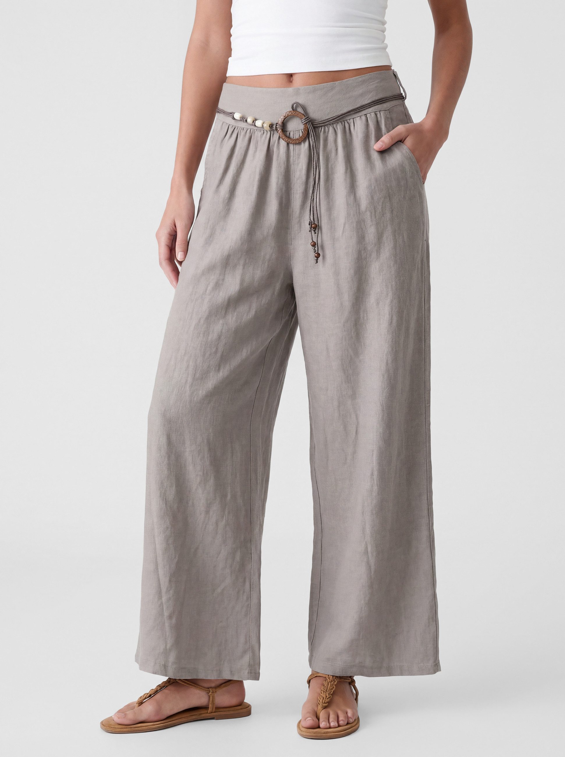 PEKIVESSA Leinenhose Wide-Leg Schlupfhose mit weitem Bein und Gürtel