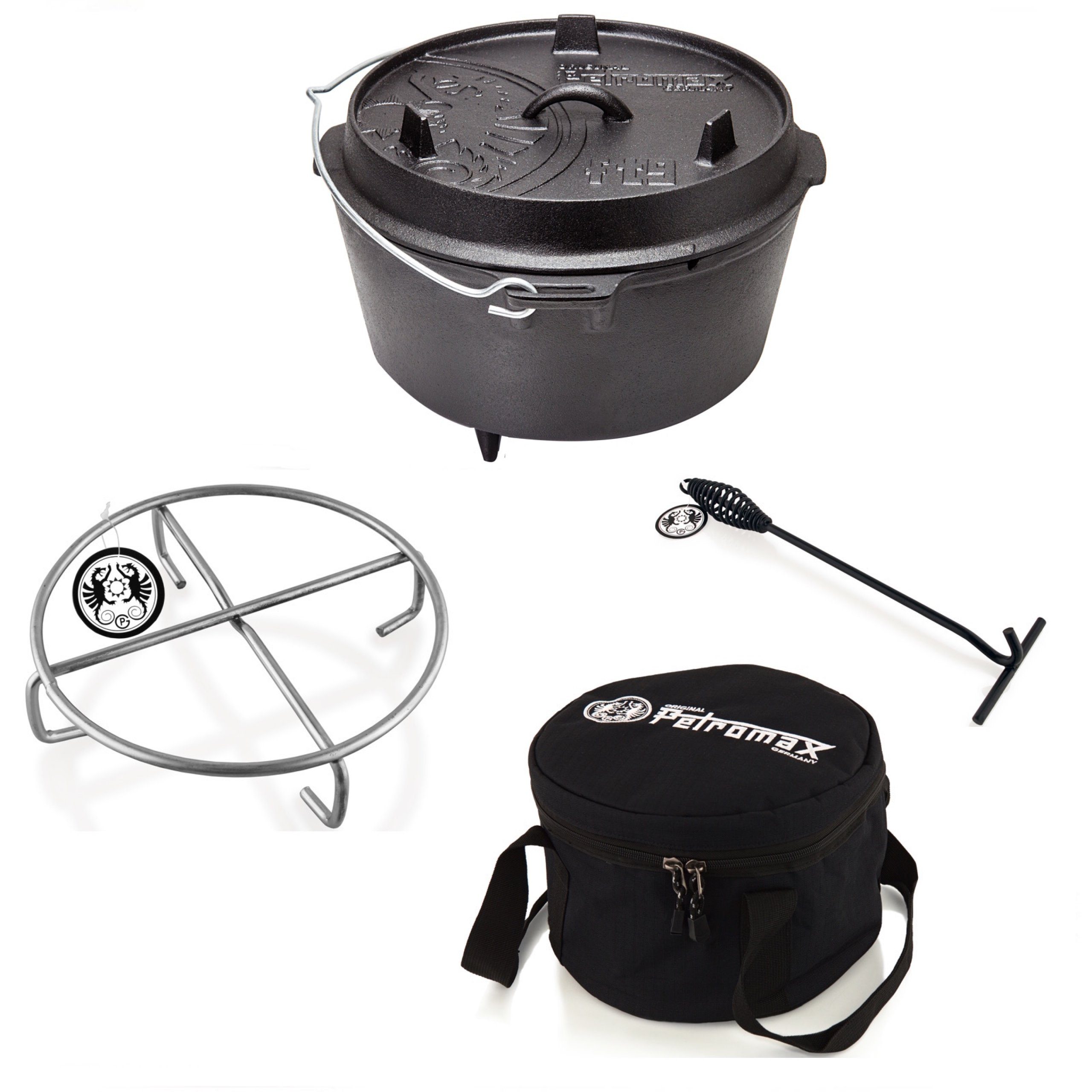 Petromax Feuerstelle Petromax Feuertopf-Set ft9 mit Füßen 7,5 Liter Untersetzer, Tasche