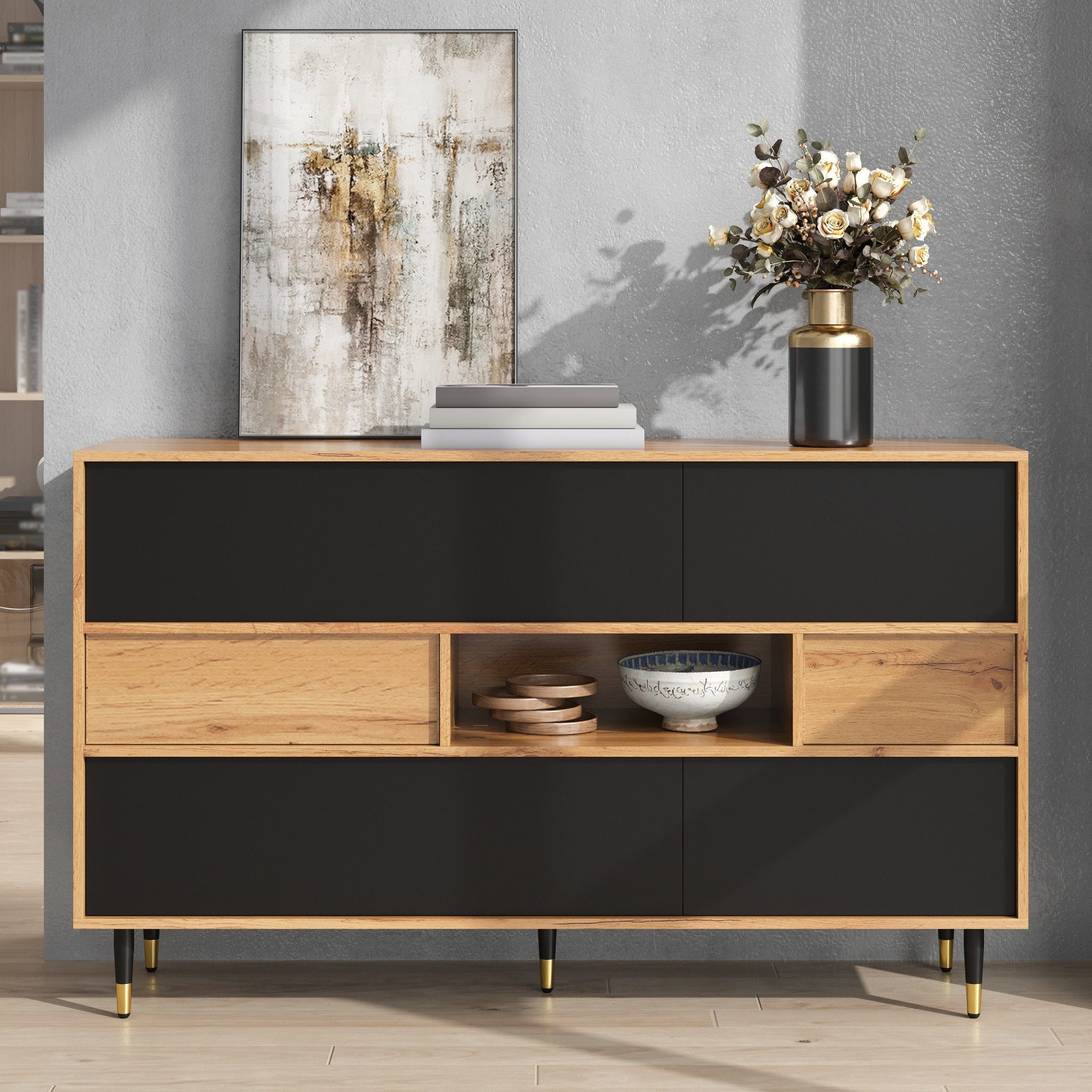 Merax Sideboard Anrichte Wohnzimmerschrank Flurschrank in Holz und Schwarz (140 x 40 x 84,5 cm, 1 St), Kommode mit 2 Schubladen, offenem Mittelfach und Klapp- & Seitentüren